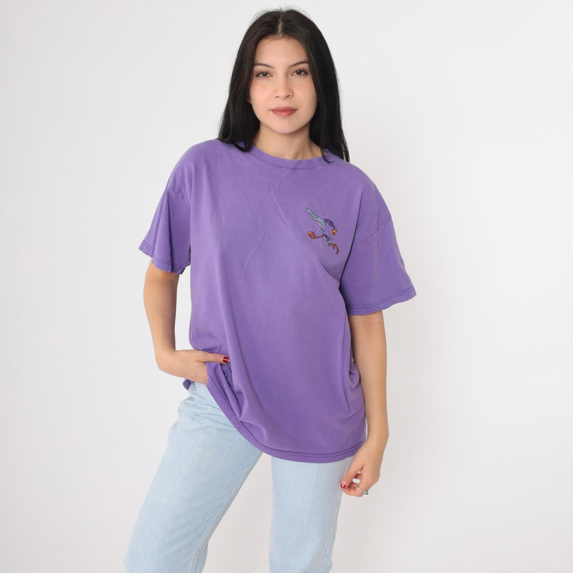 90s Looney Tunes Road Runner T-Shirt 1997 Warner Bros Embroidered Purple Large L