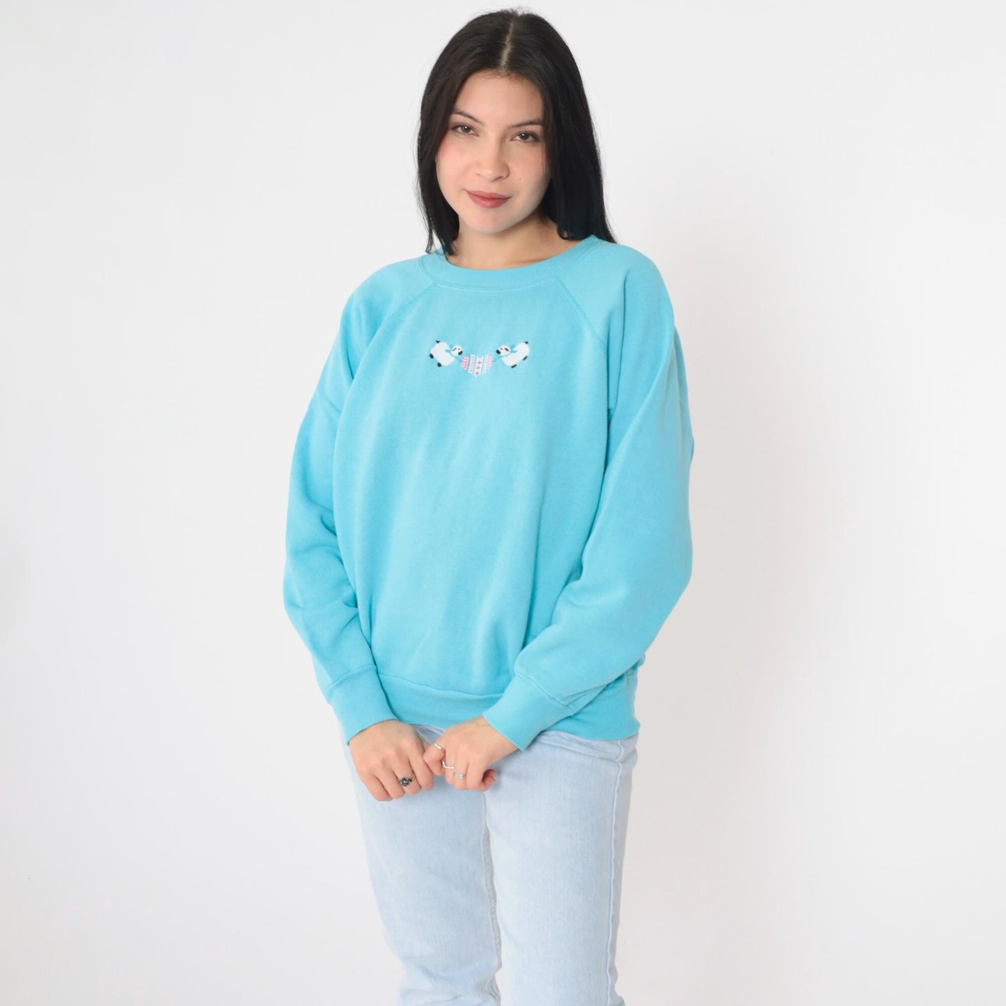 90s Blue Sheep Embroidered Sweatshirt Raglan Crewneck Medium Large