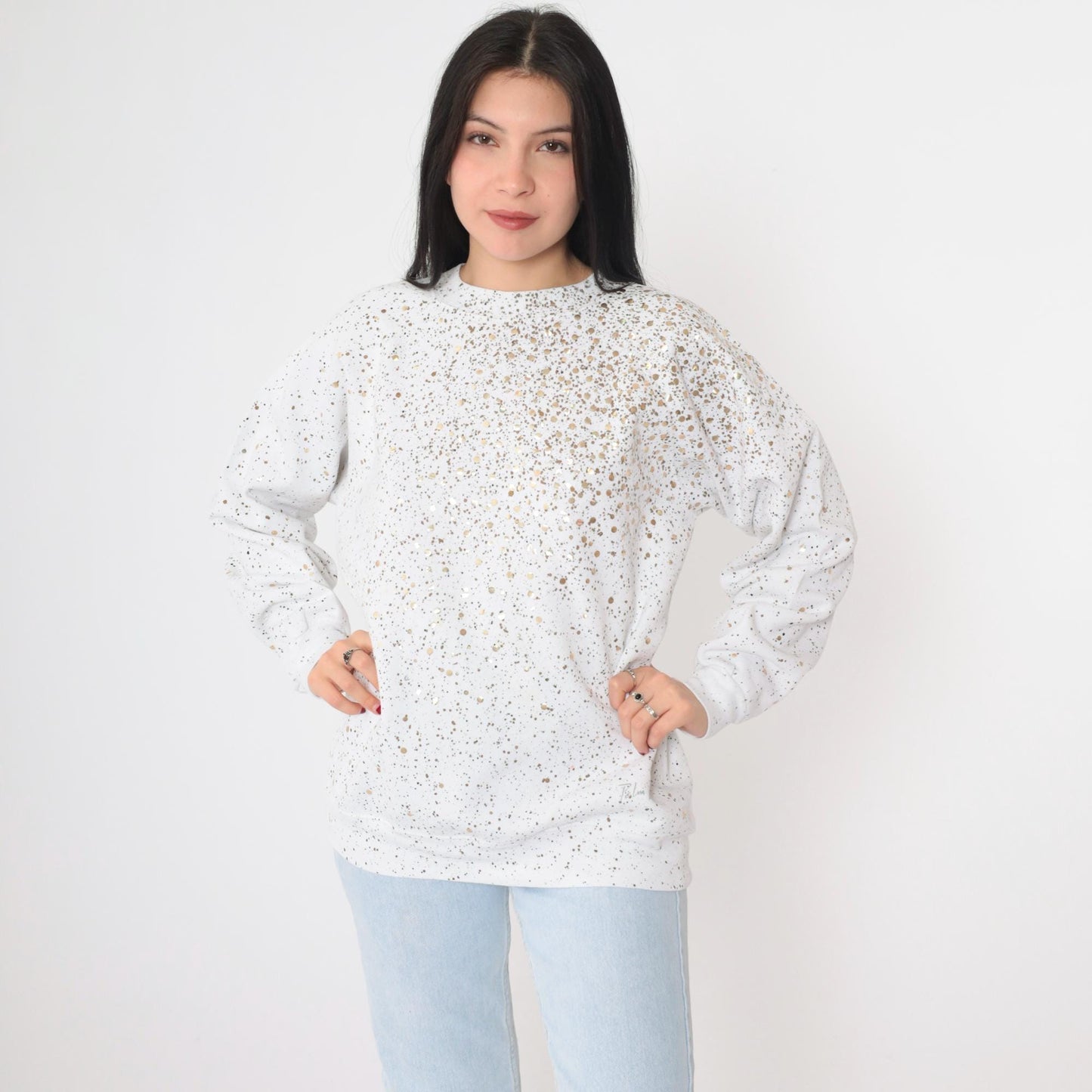 90s White Sweatshirt Gold Sequin Paint Splatter Metallic Graphic Medium