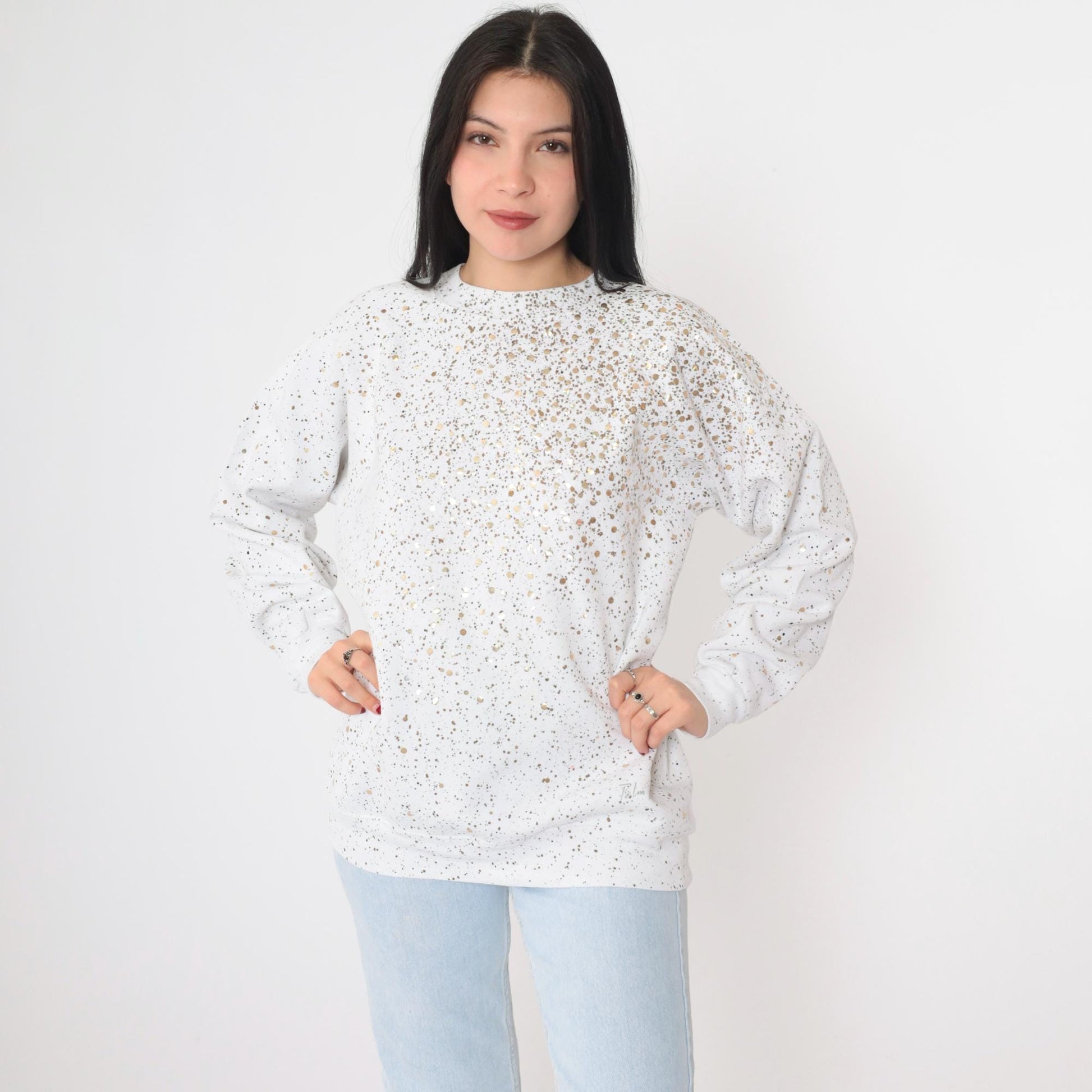 90s White Sweatshirt Gold Sequin Paint Splatter Metallic Graphic Medium