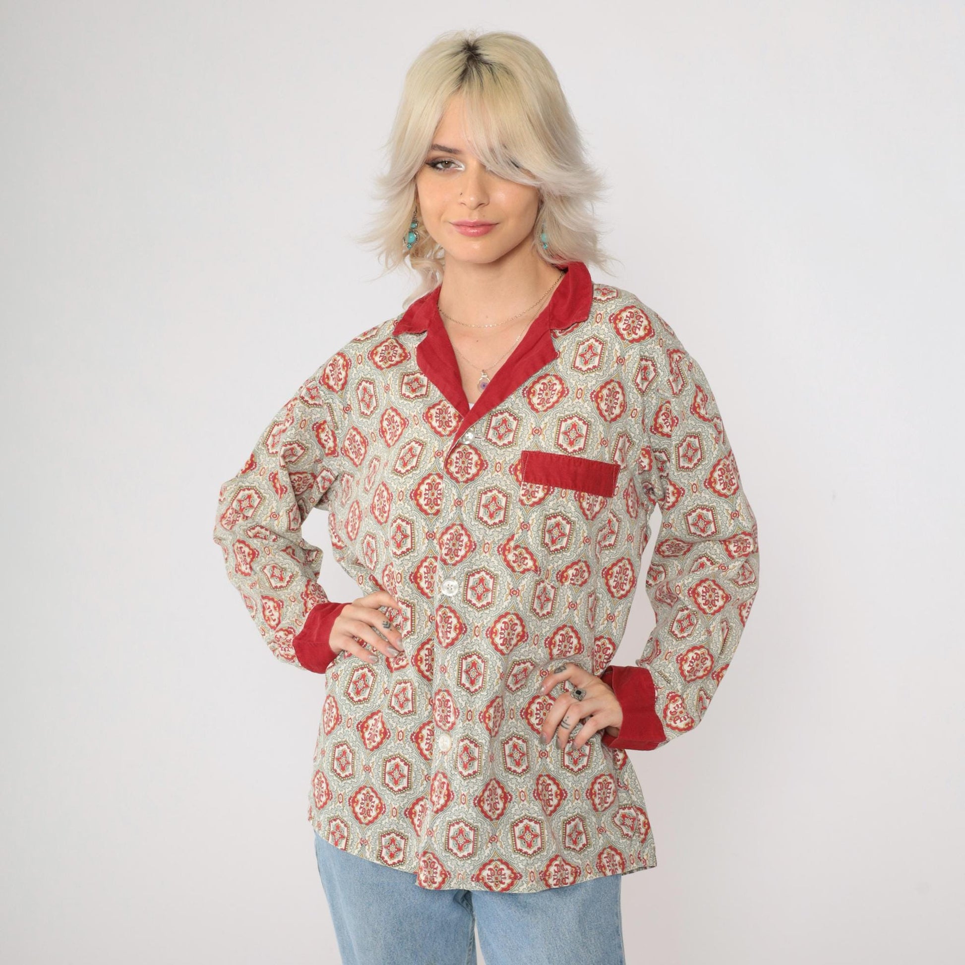 70s Towncraft Pajama Shirt Geometric Button Up Grey Red Medium