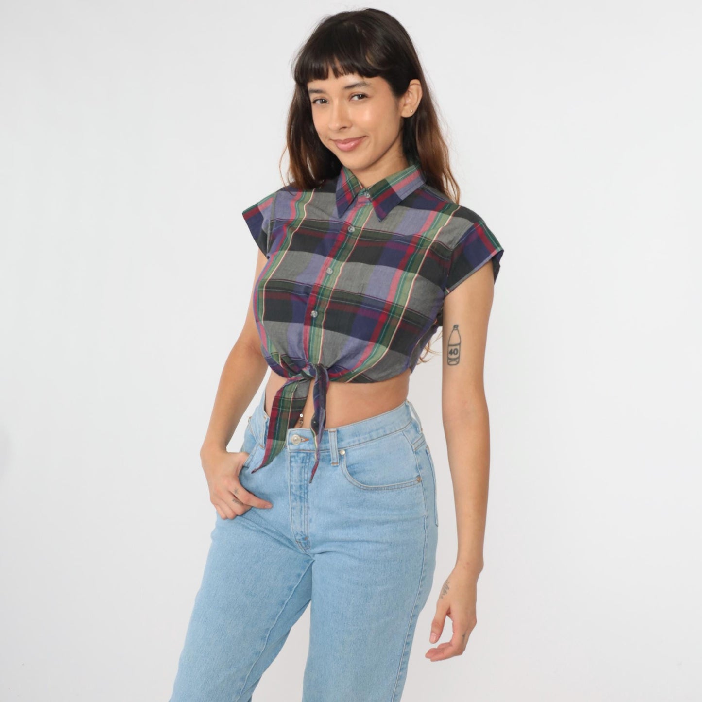 90s Checkered Crop Top Button Up Blouse Tie Waist Cap Sleeve Grey Small XS