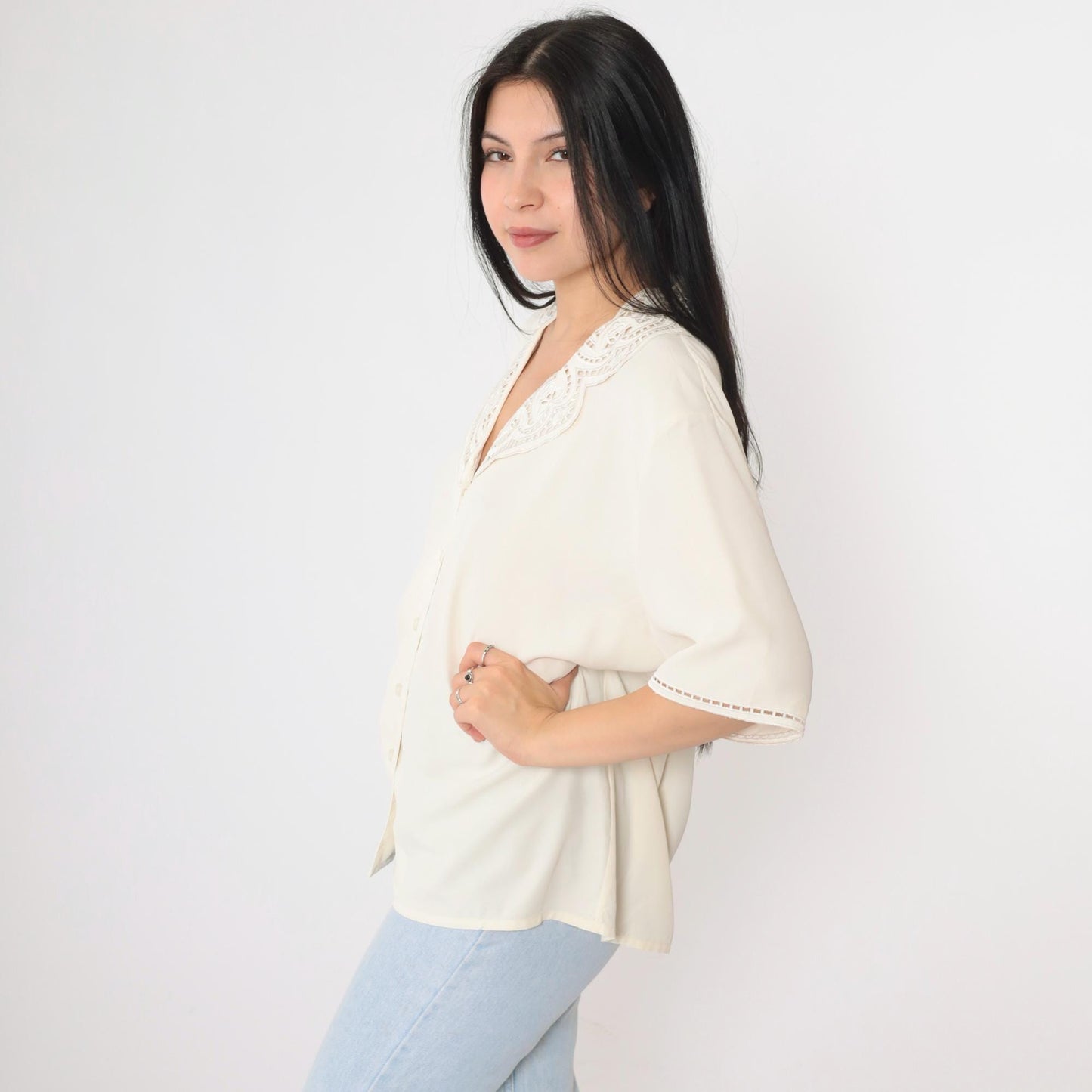 90s Worthington Off-White Embroidered Cutwork Button-Up Blouse Short Sleeve Extra Large XL