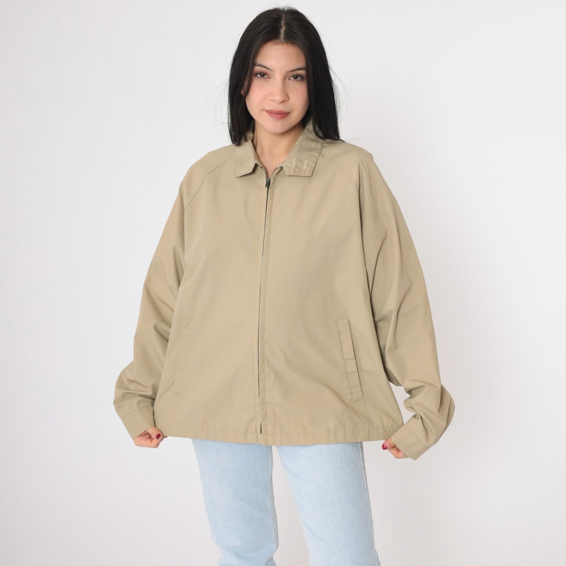 80s Khaki Windbreaker Jacket Zip Up Raglan Sleeve Men's Extra Large XL