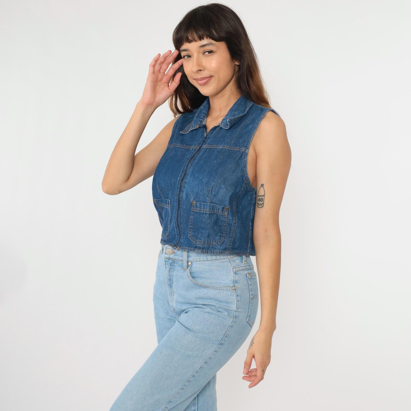 90s Blue Denim Zip Vest Cropped Sleeveless Jean Top Large