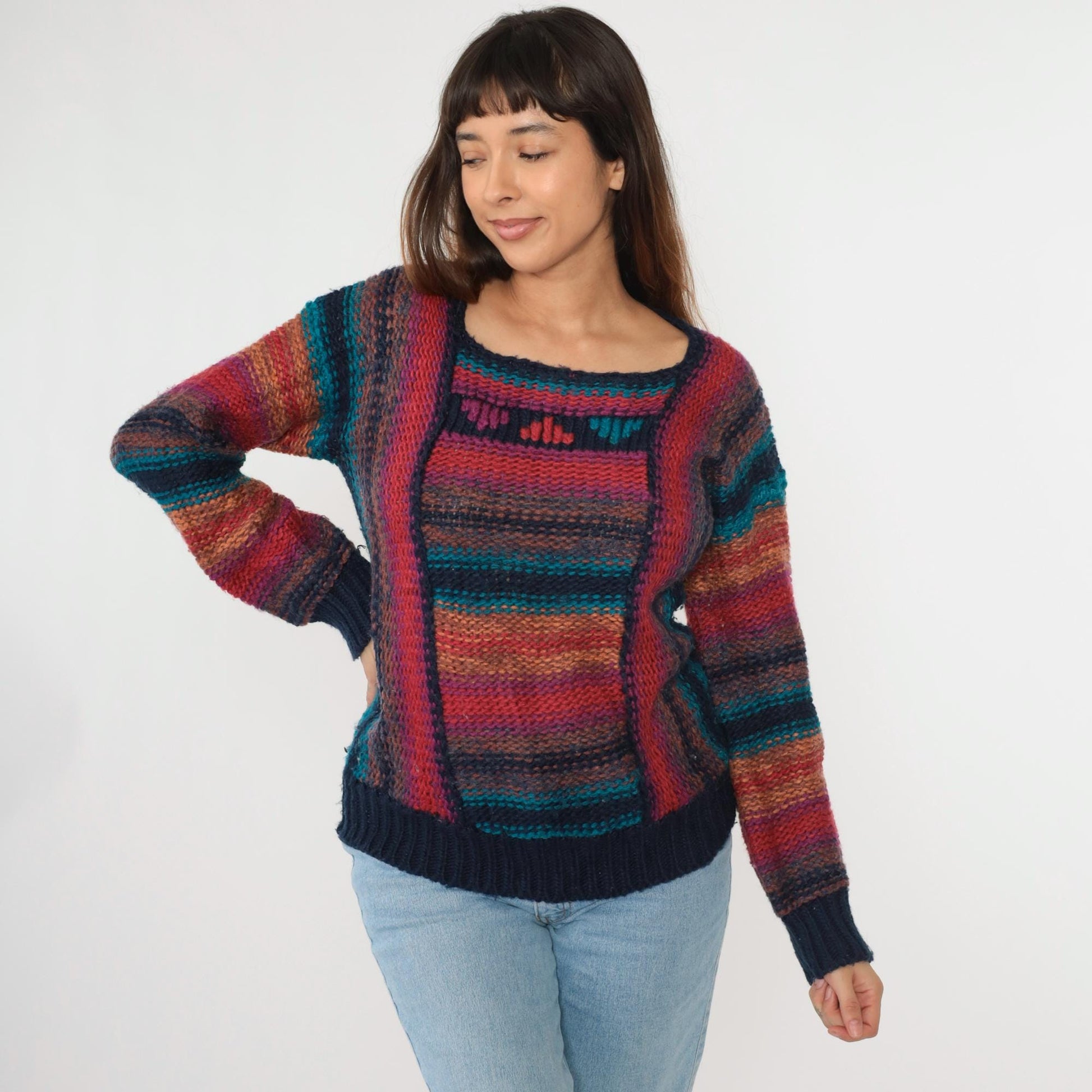 80s Striped Knit Sweater Rainbow Horizontal Stripes Balloon Sleeve Small