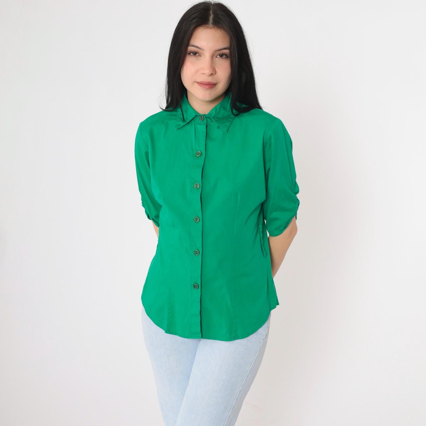 90s Kelly Green Button-Up Blouse Princess Seam Fitted Collared Top Medium