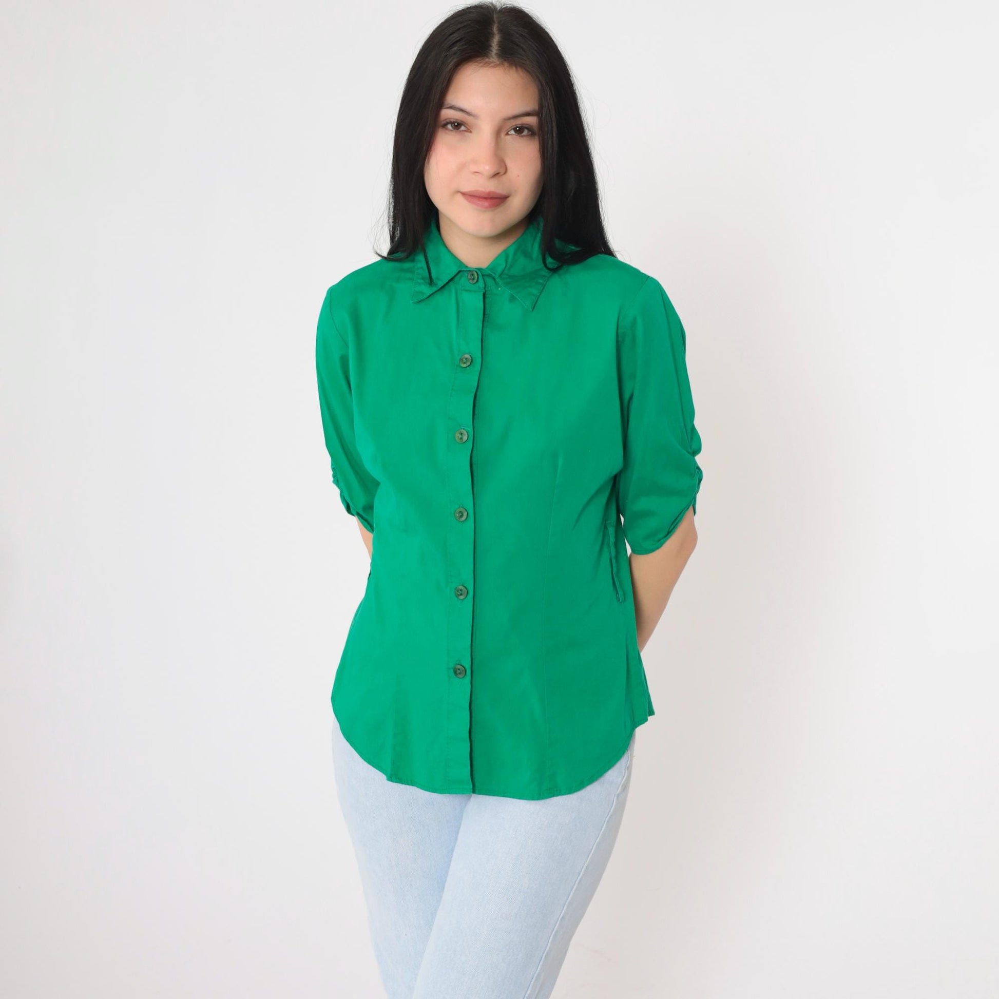90s Kelly Green Button-Up Blouse Princess Seam Fitted Collared Top Medium