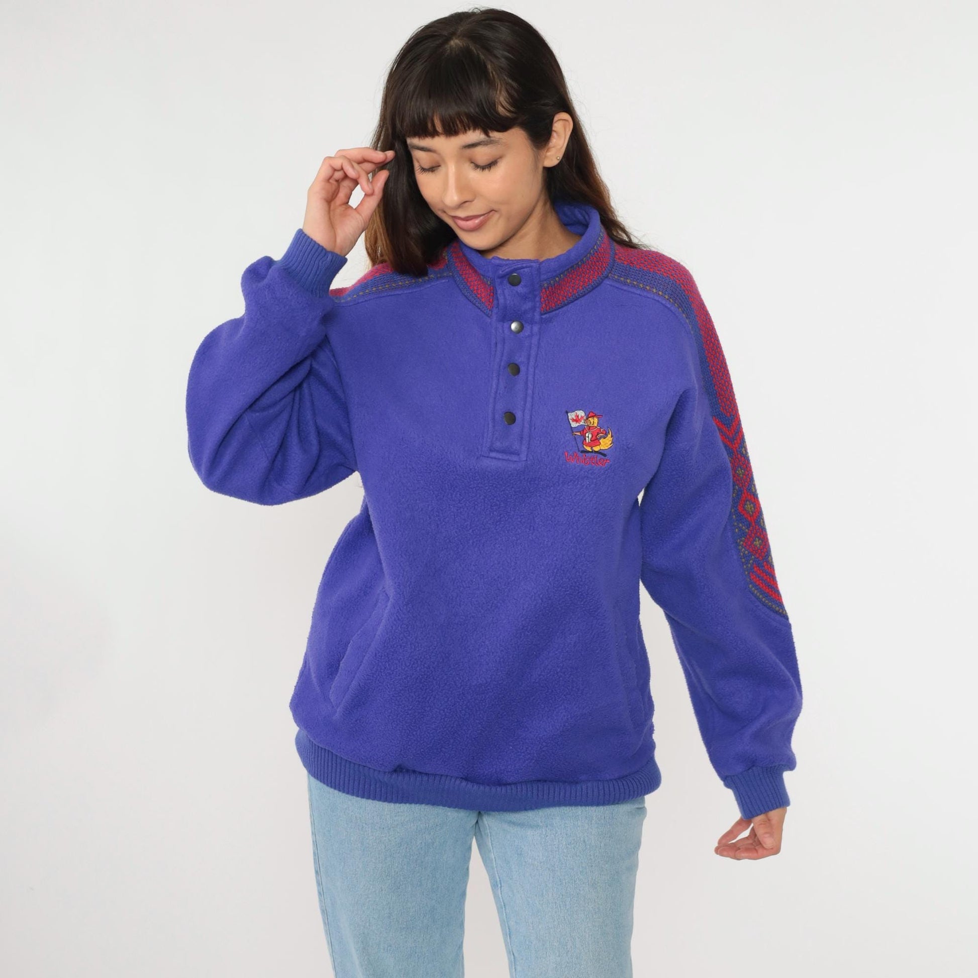 90s Whistler Fleece Sweatshirt Purple Nordic Trim Snap Neck Medium M