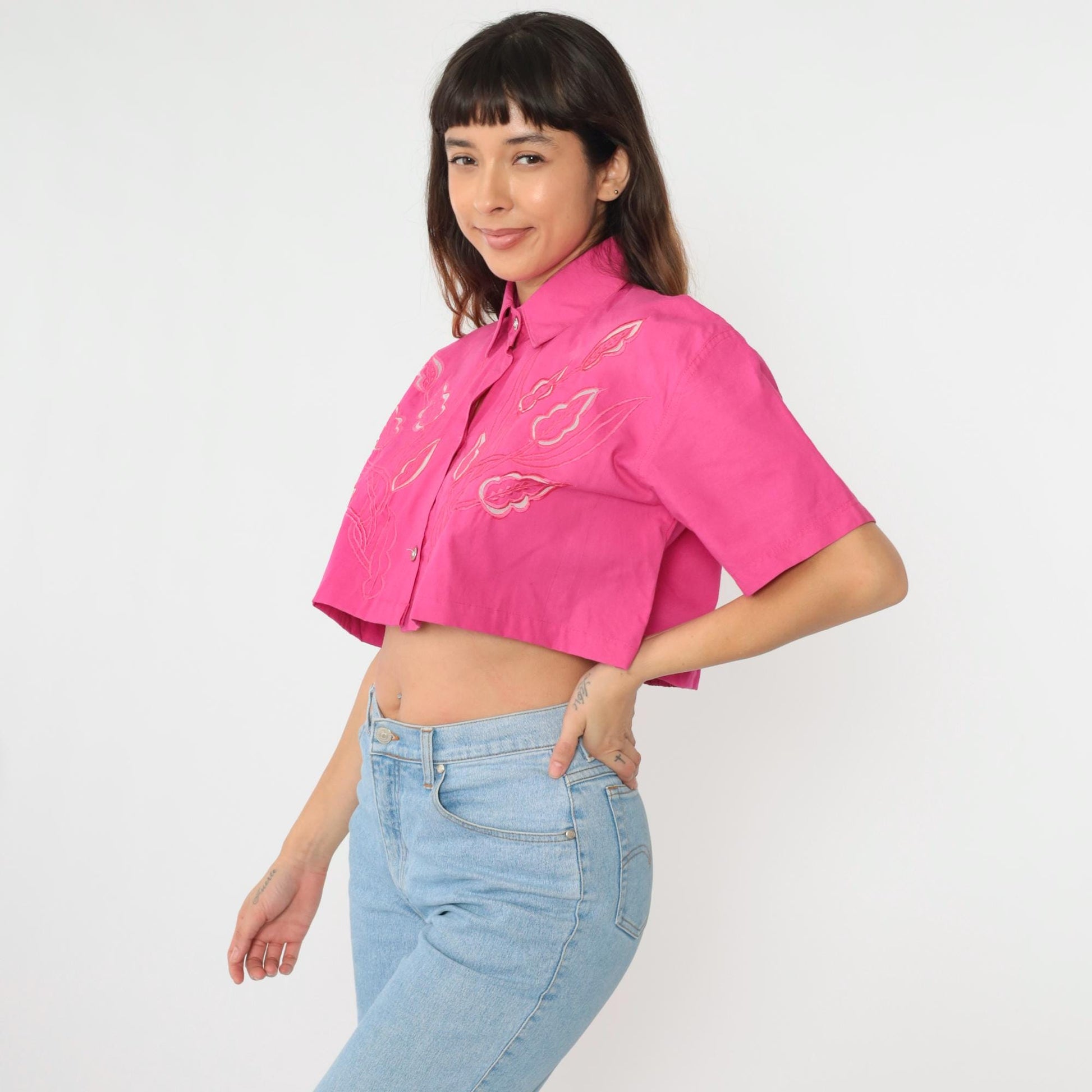 90s Pink Floral Embroidered Cutout Crop Blouse Button Up Medium Large
