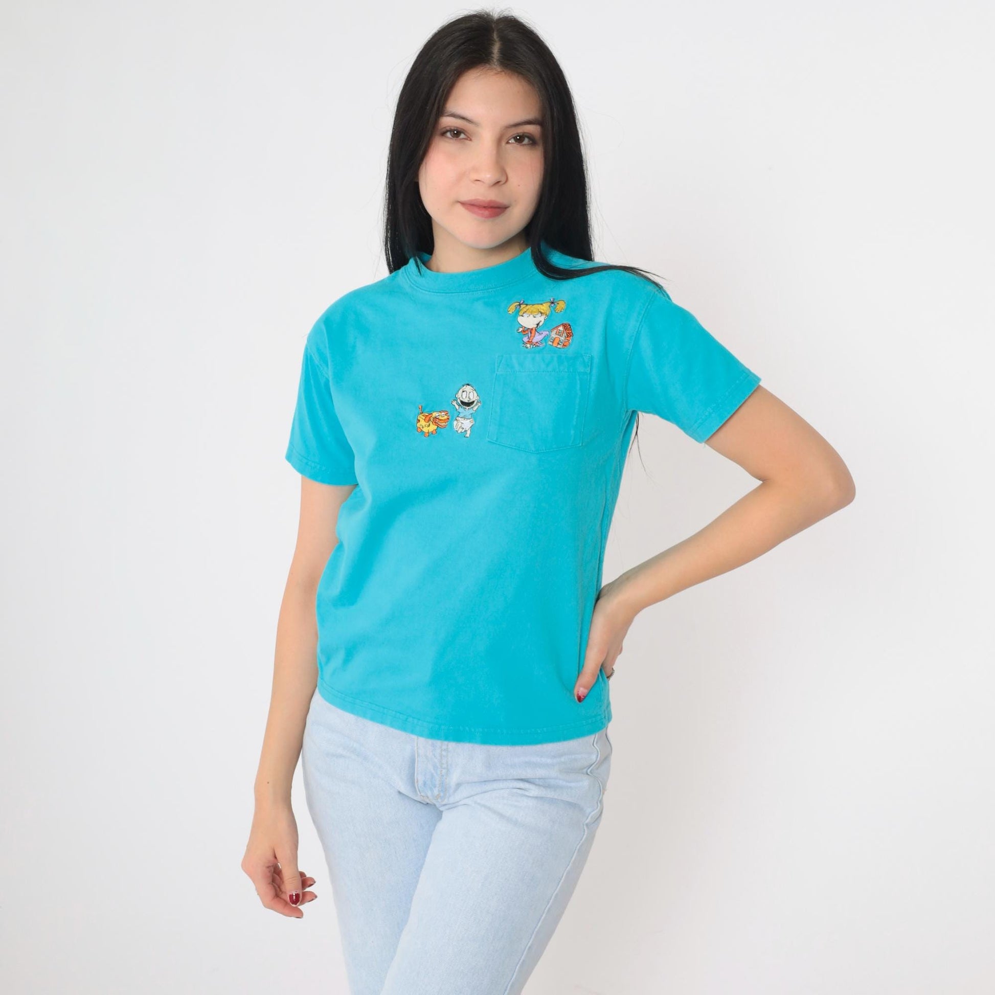 90s Nickelodeon Rugrats Graphic T-Shirt Tommy Angelica Turquoise Cotton XS