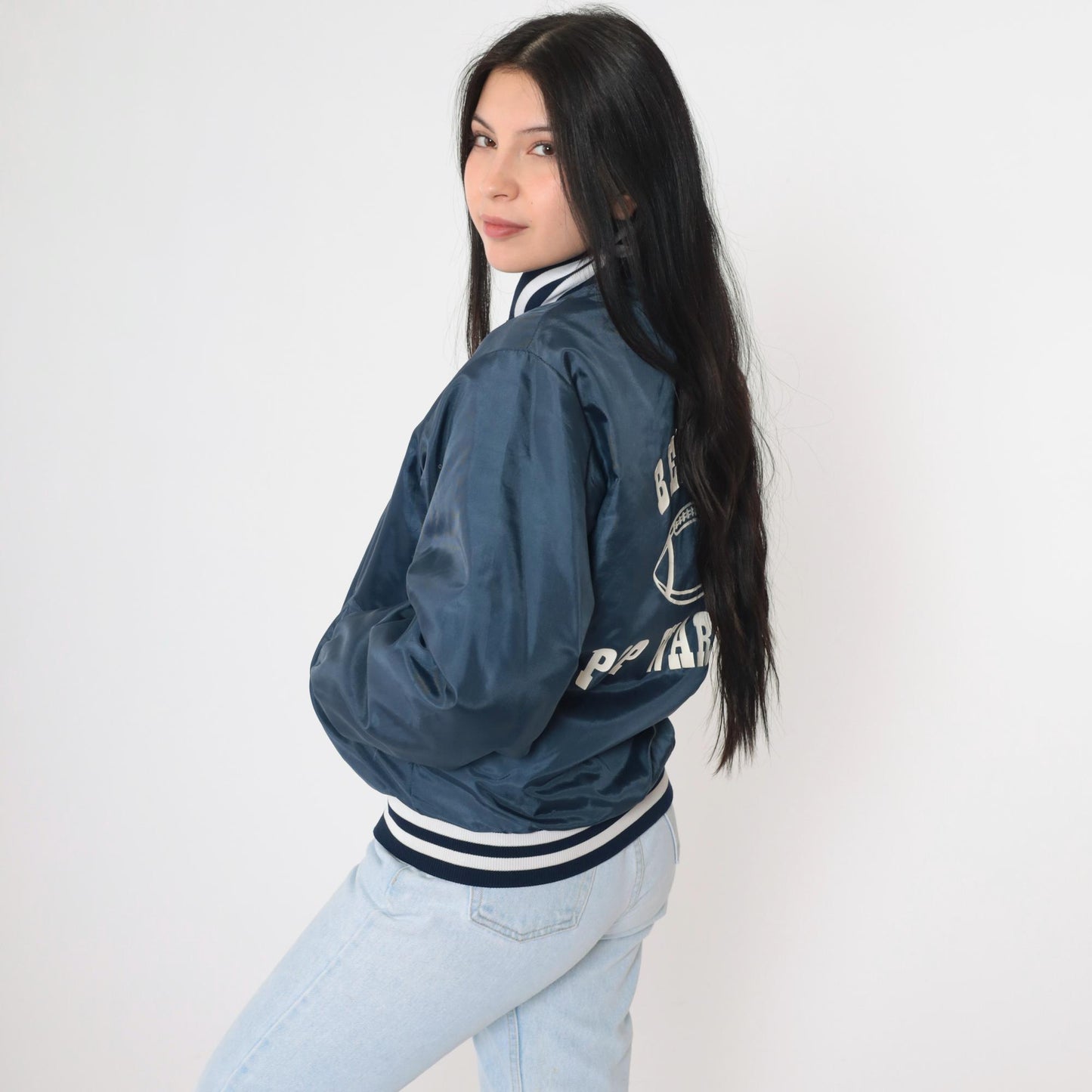 80s Bethel Pop Warner Football Bomber Jacket Dark Blue Small S