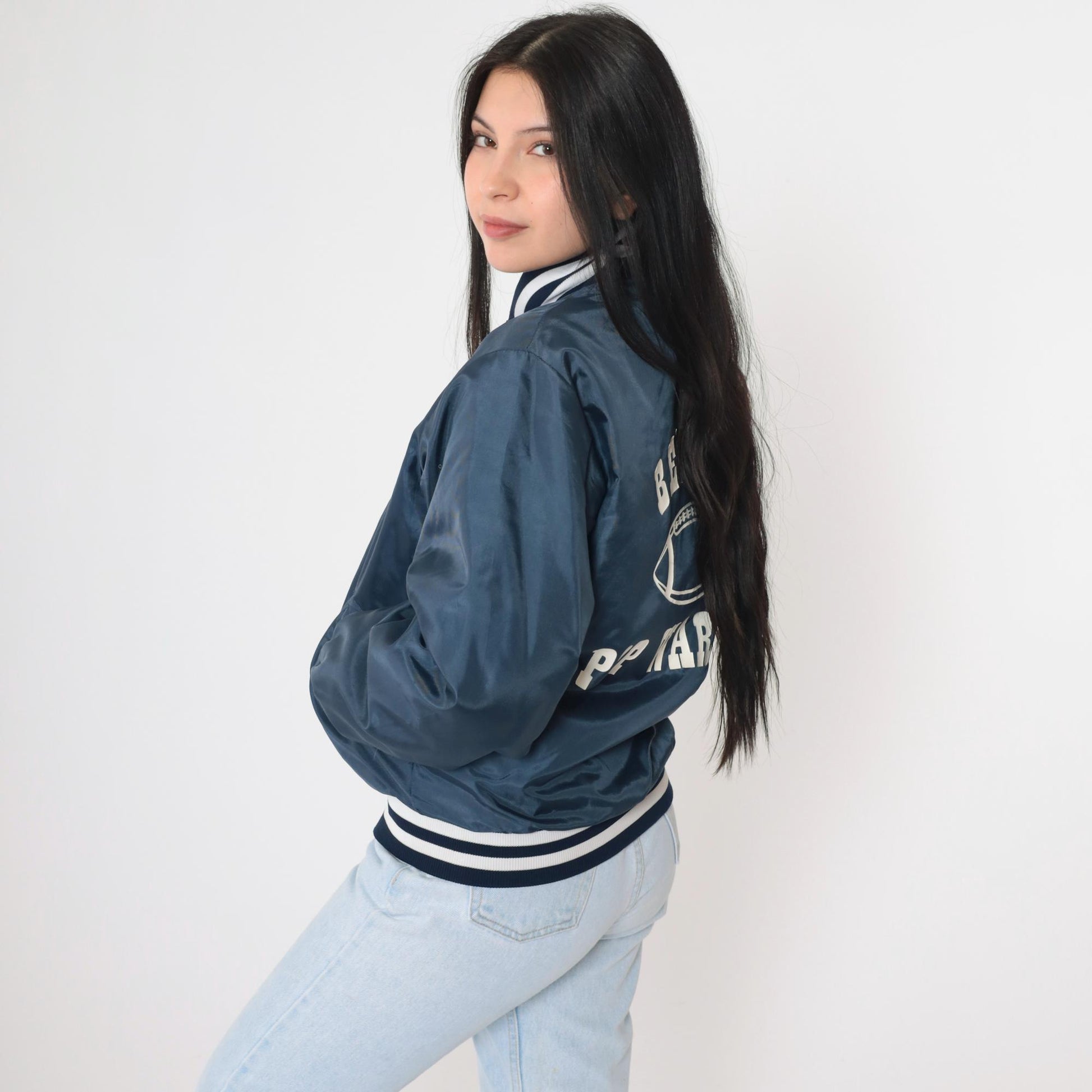 80s Bethel Pop Warner Football Bomber Jacket Dark Blue Small S