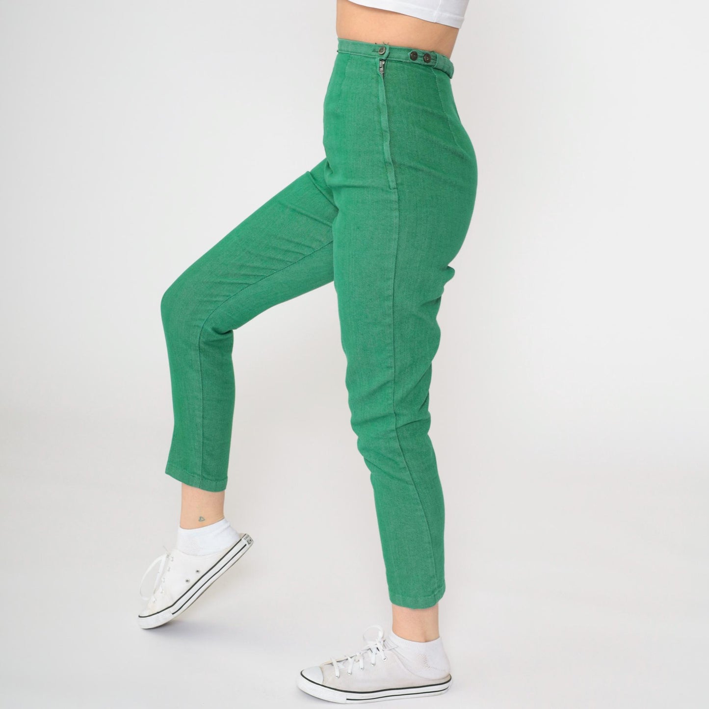 60s Kelly Green High-Waisted Slim Trousers Side Zip Ankle Extra Small