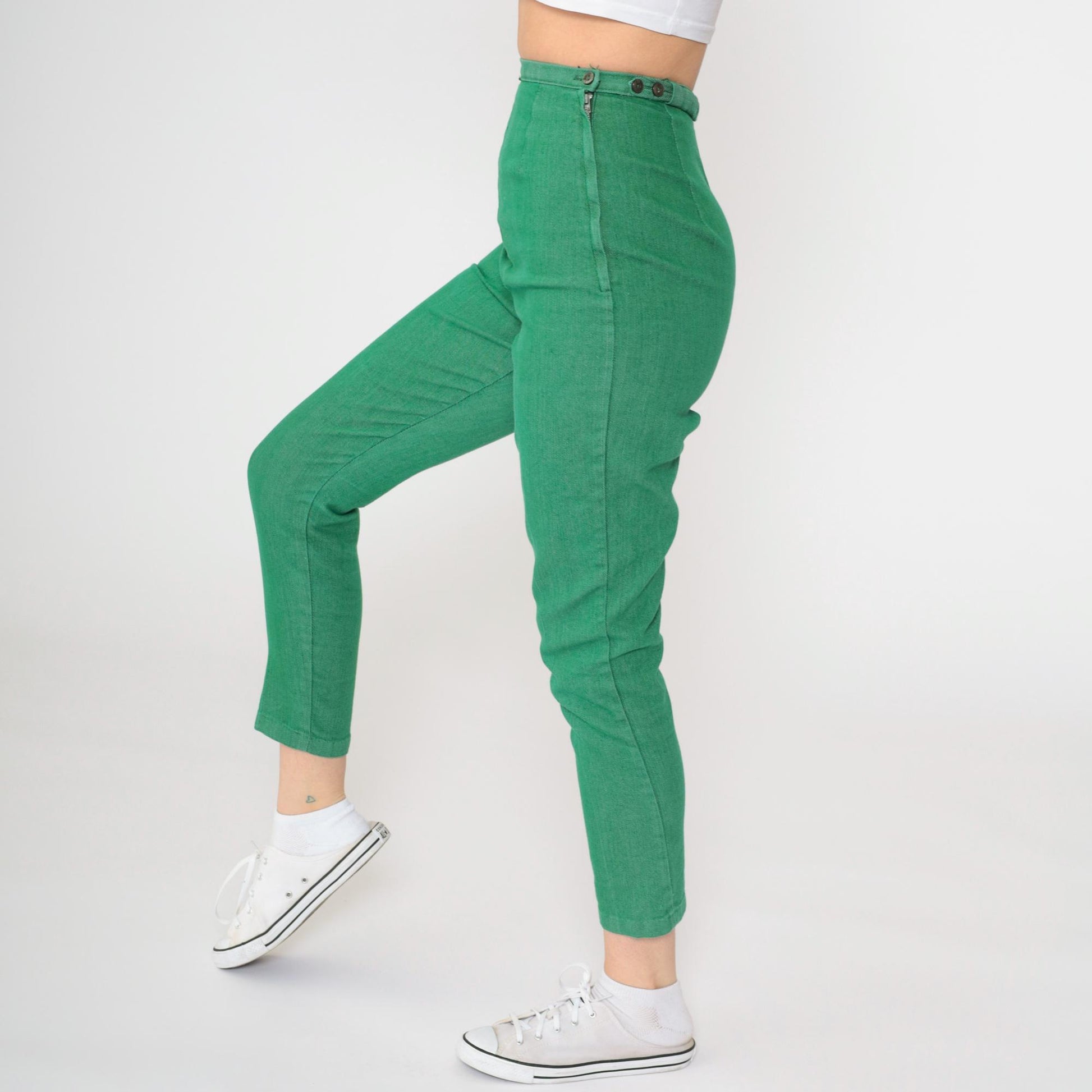 60s Kelly Green High-Waisted Slim Trousers Side Zip Ankle Extra Small