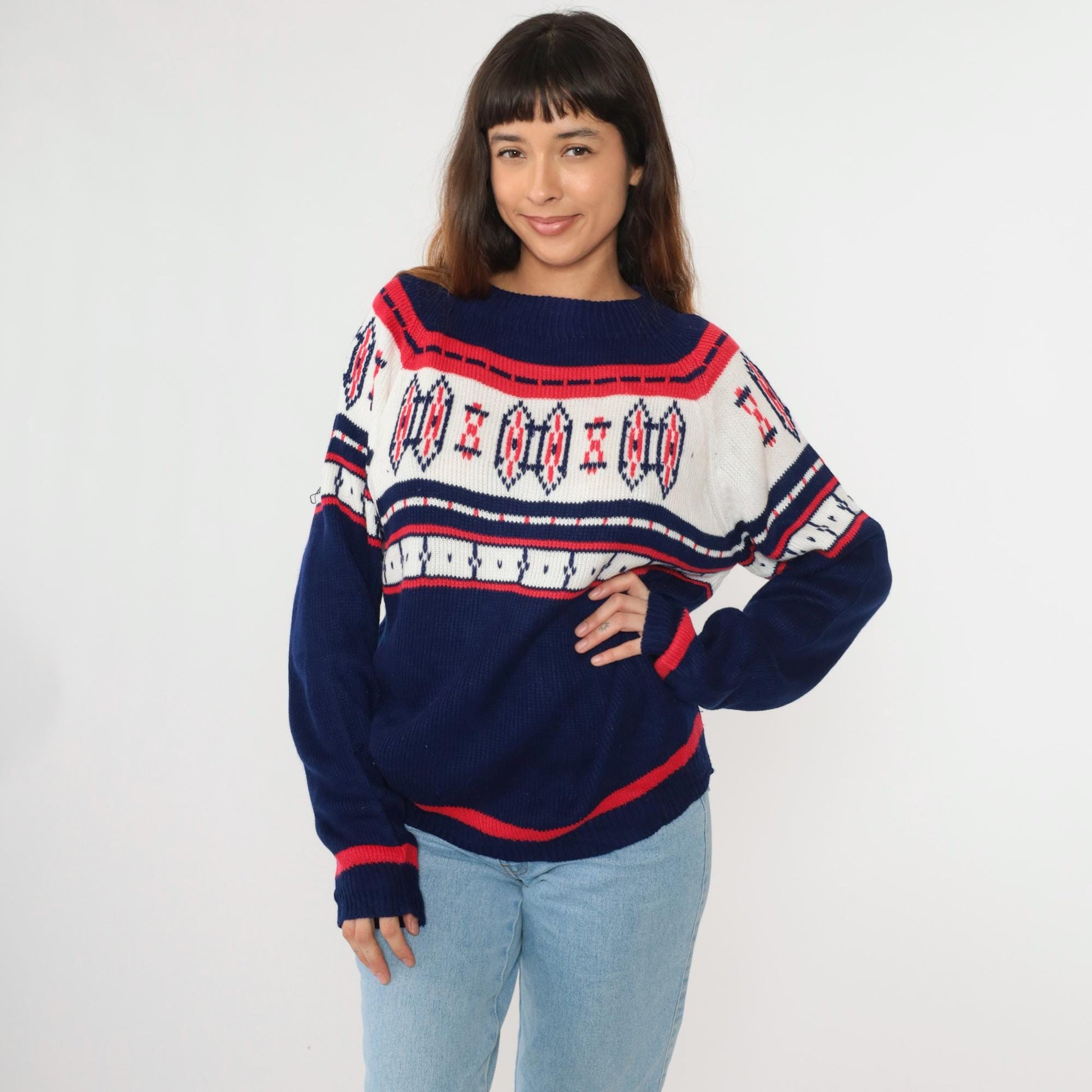 70s Nordic Yoke Sweater Navy Red White Geometric Knit Pullover Medium