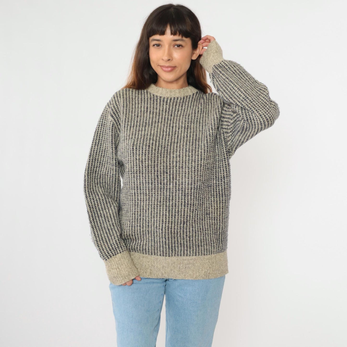 80s Wool Blend Striped Sweater Beige Navy Crew Neck Ribbed Knit Large L