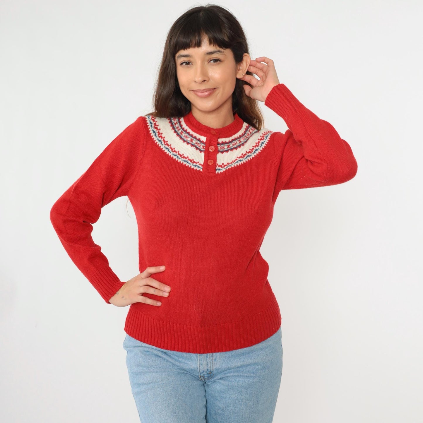70s Icelandic Geometric Yoke Sweater Red Henley Knit Pullover Extra Small
