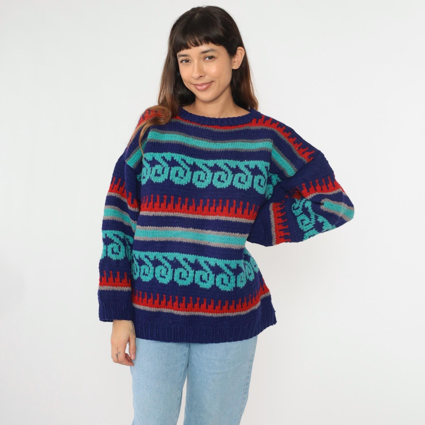 90s Geometric Wool Sweater Estonian Striped Crewneck Blue Turquoise Red Extra Large XL