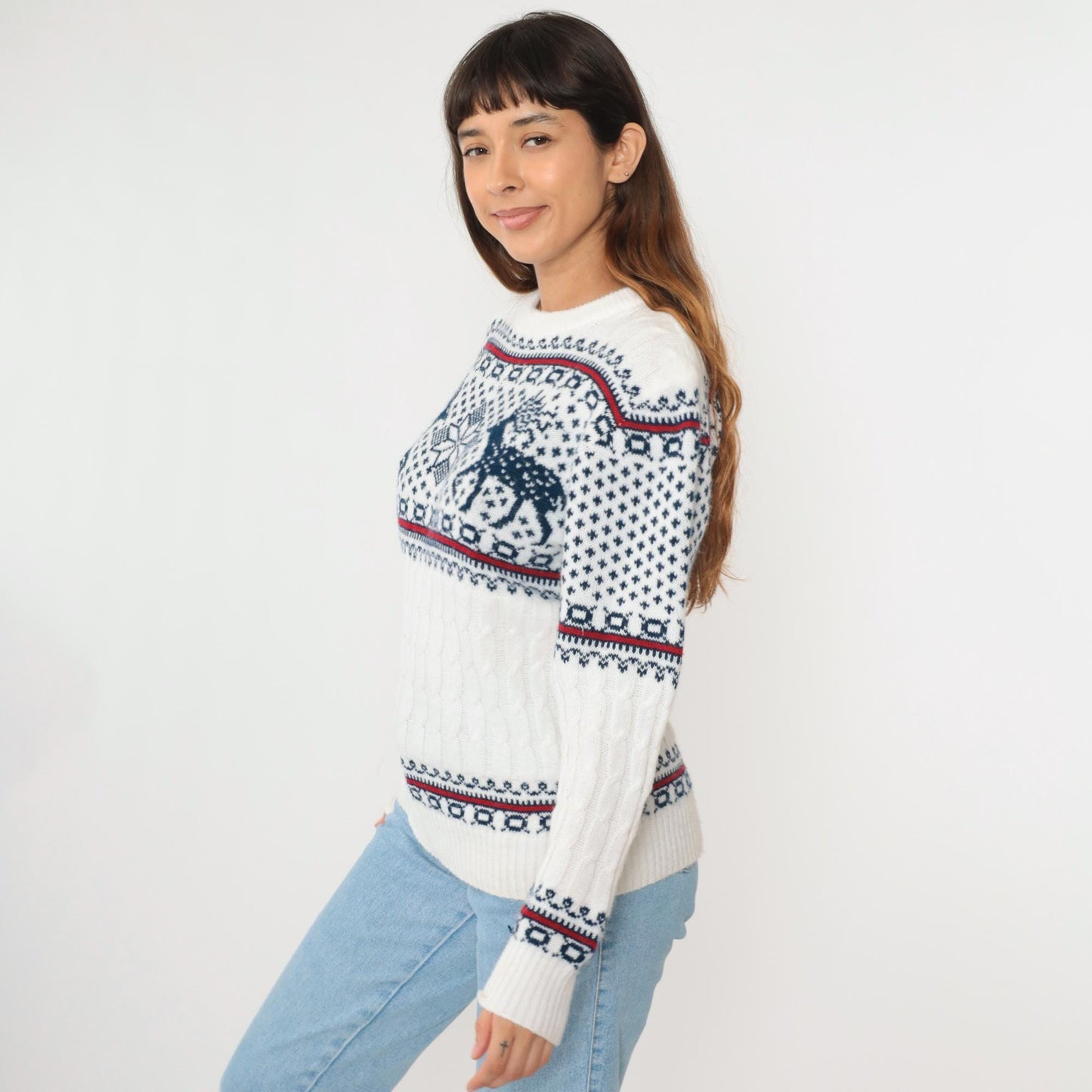 80s Reindeer Fair Isle Sweater White Nordic Snowflake Crewneck Medium