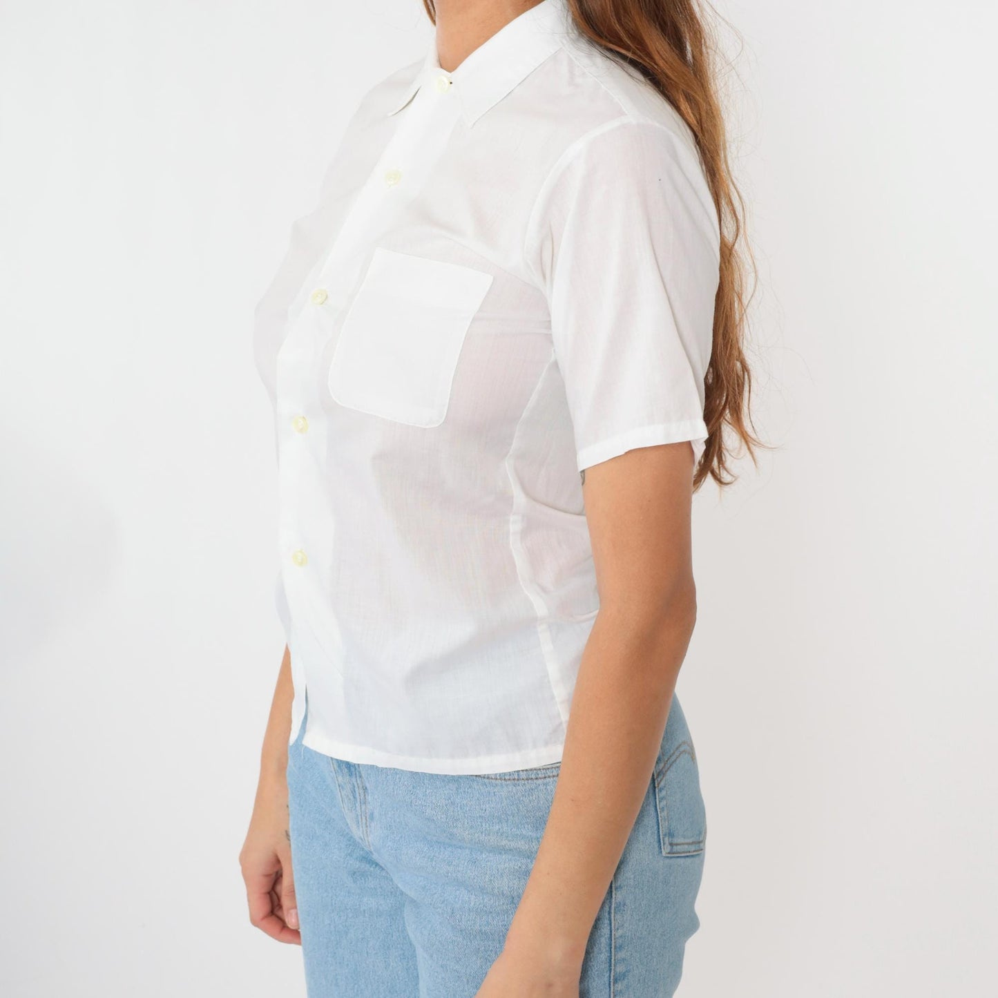 70s White Button Up Shirt Pointed Collar Chest Pocket Short Sleeve Extra Small