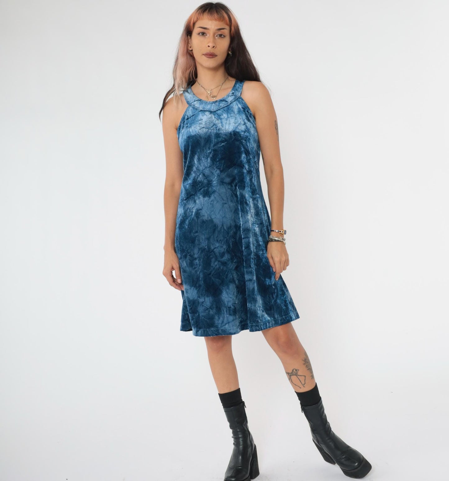 90s Blue Tie Dye Velvet Mini Dress Sleeveless Racerback Medium M