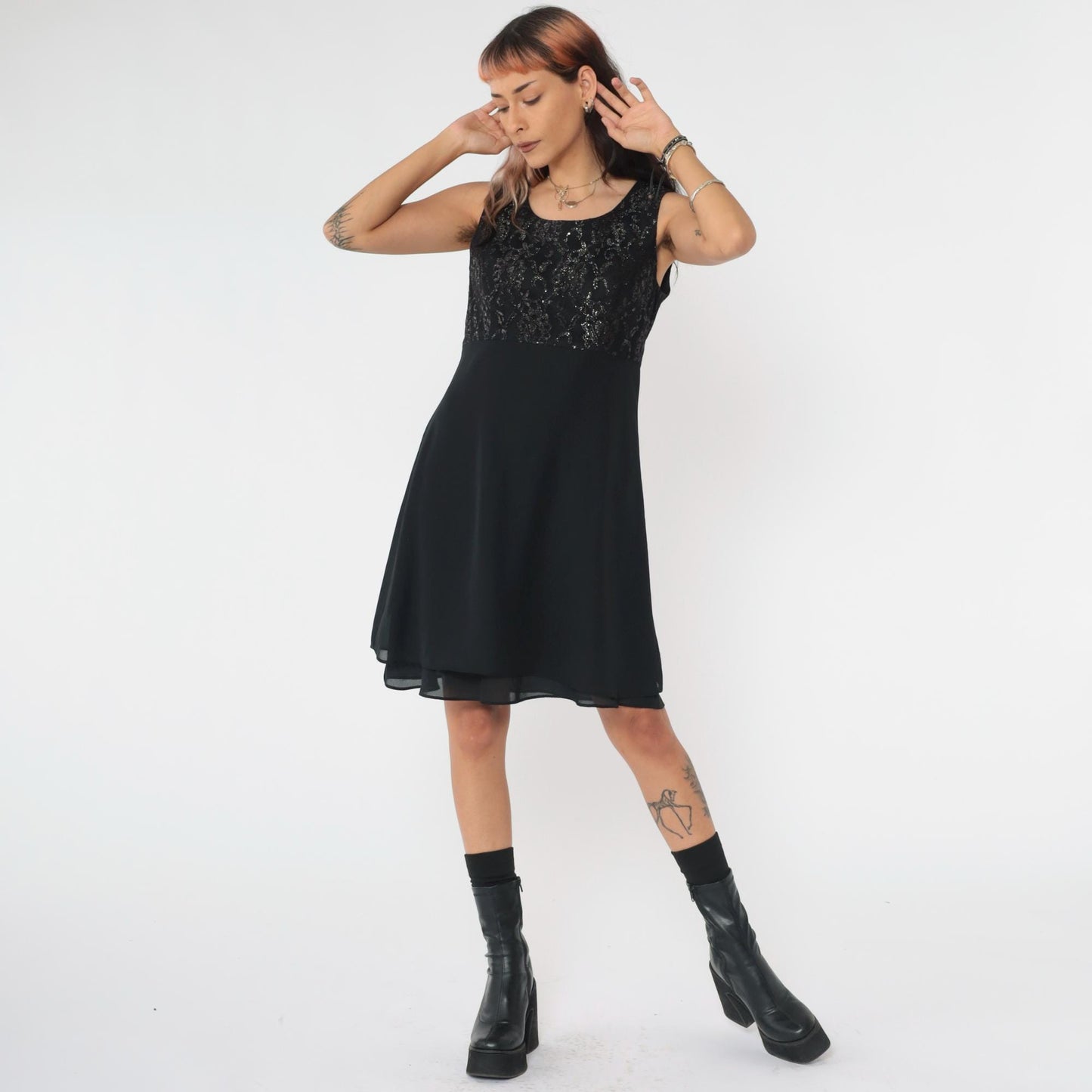 90s Black Lace Mini Dress Metallic Bodice Scoop Neck High Waist Flare Small 6