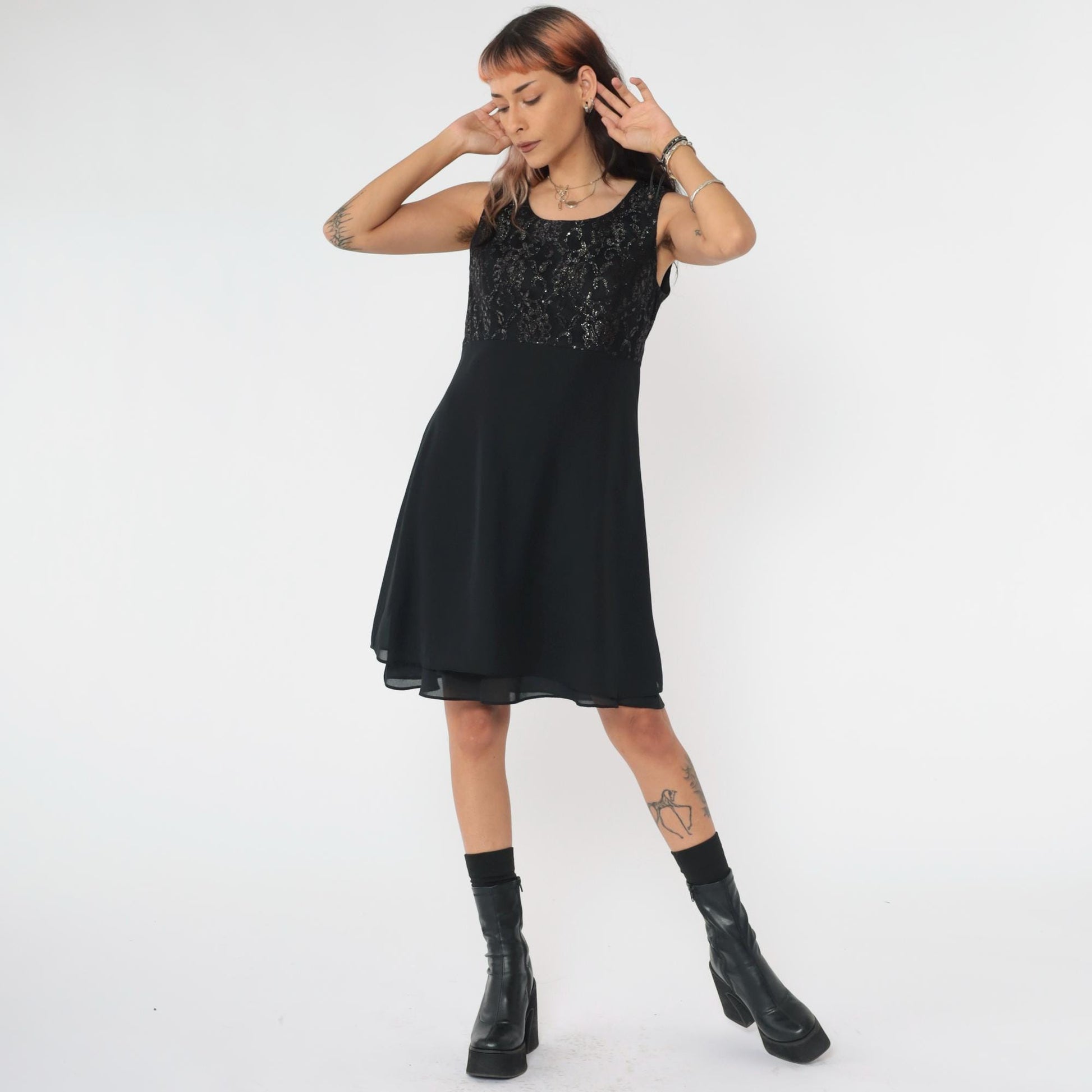 90s Black Lace Mini Dress Metallic Bodice Scoop Neck High Waist Flare Small 6