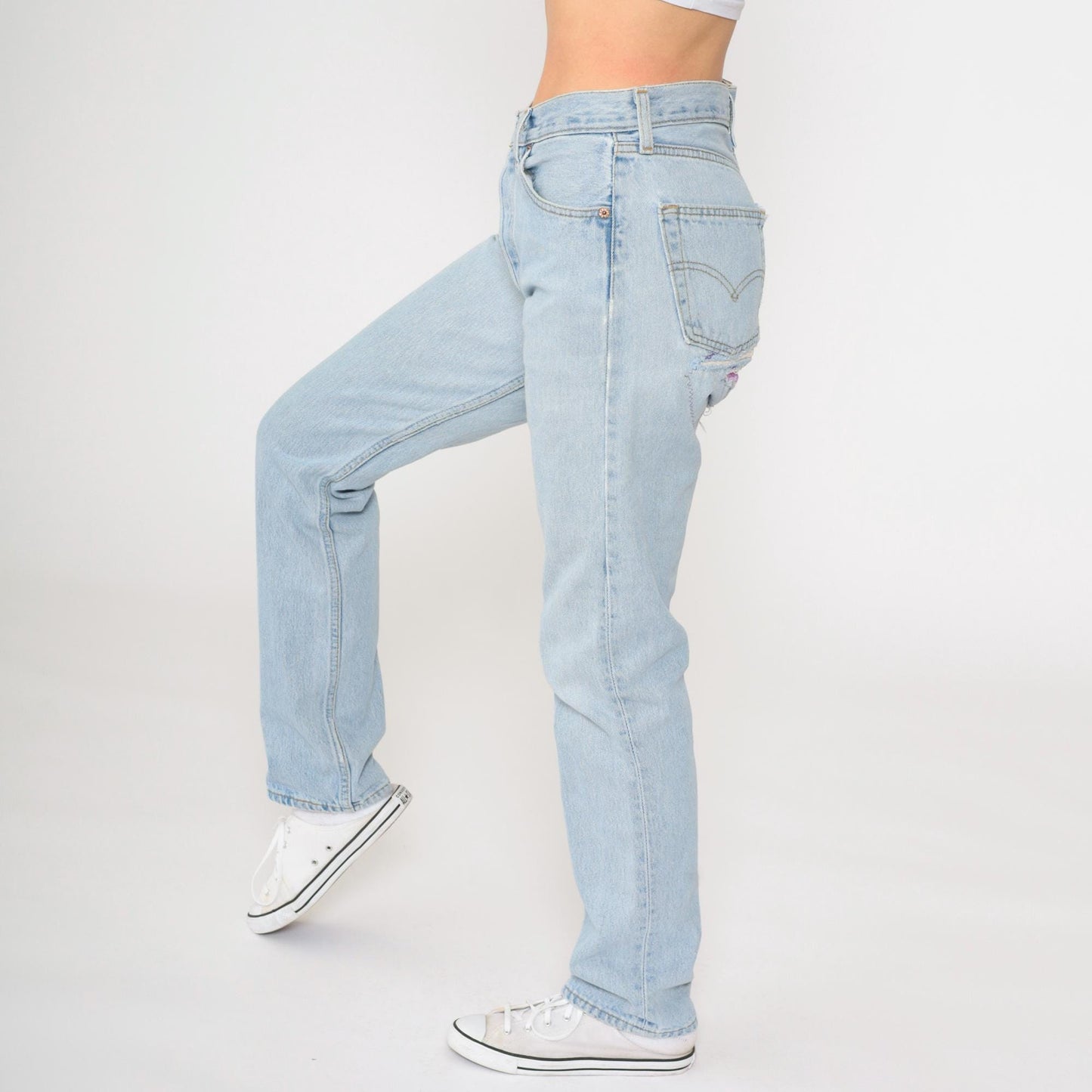 90s Levi's 501 Straight Leg Jeans Blue Distressed Ripped Patches Small W28 L32