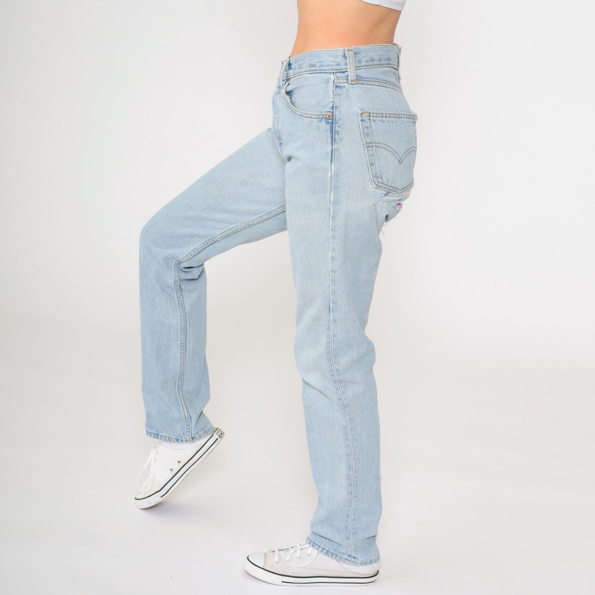90s Levi's 501 Straight Leg Jeans Blue Distressed Ripped Patches Small W28 L32