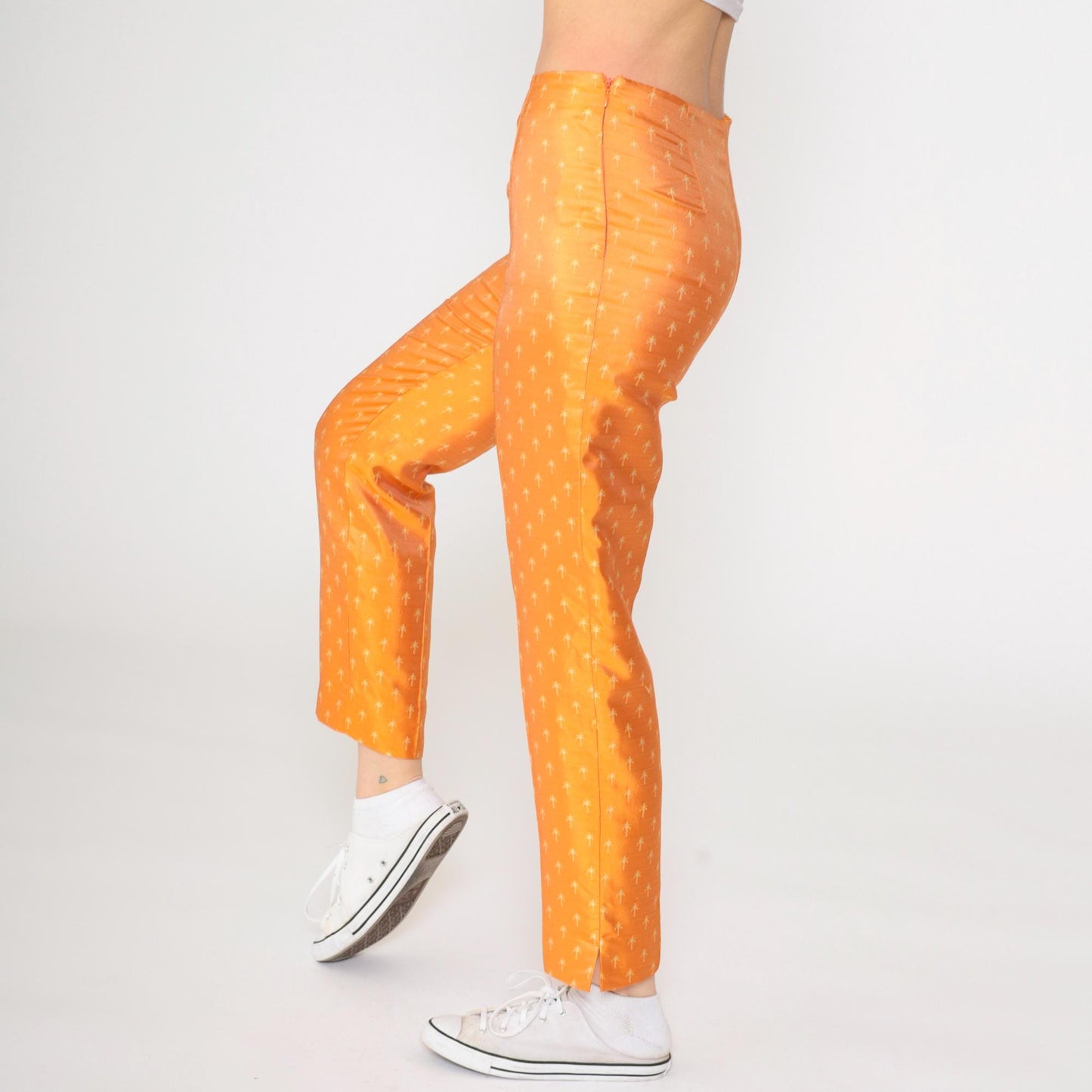 Biella Collezioni Silk Pants Orange Palm Tree Print High Waist Italy Extra Small XS