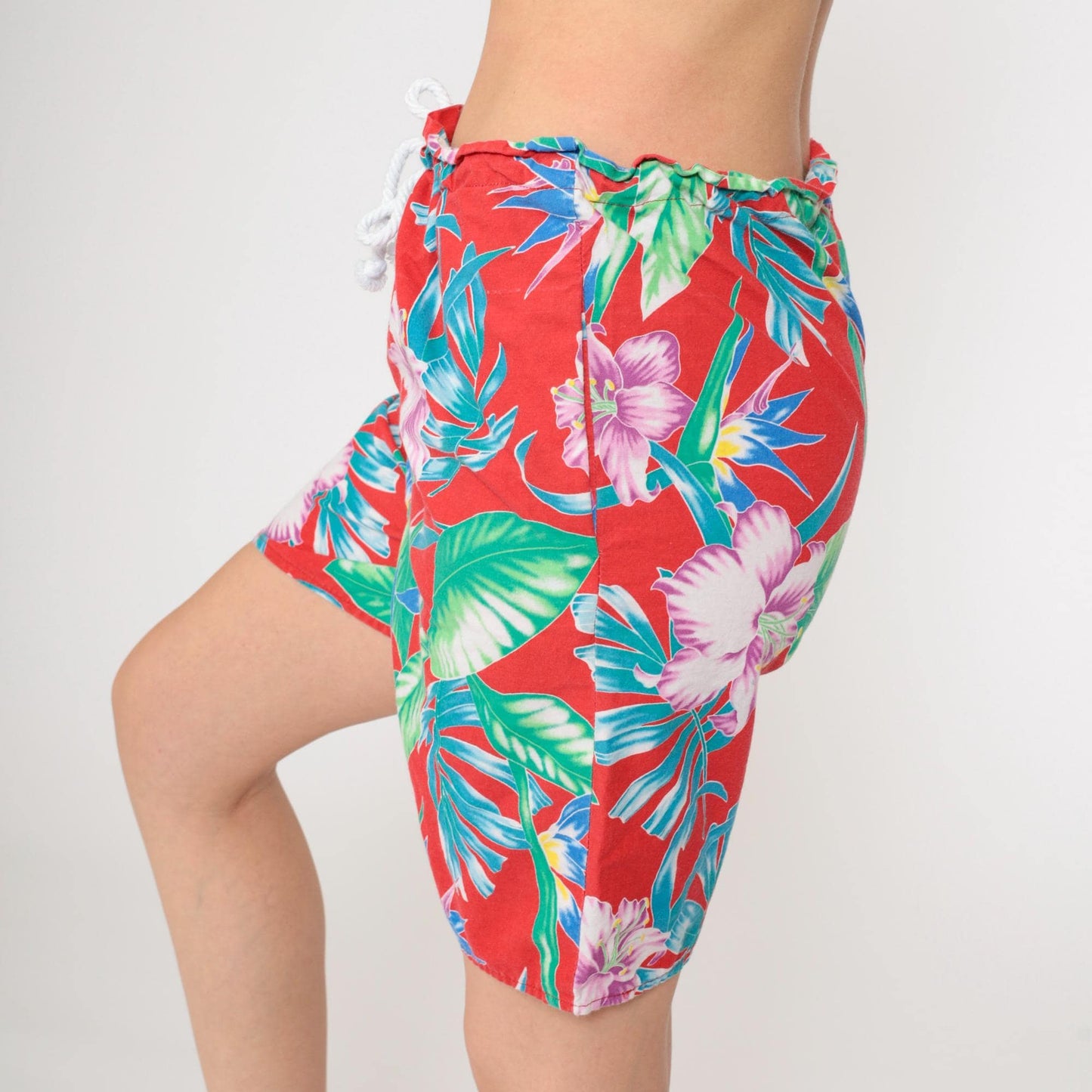90s Tropical Floral Shorts Red Hawaiian High Drawstring Waist Small Medium