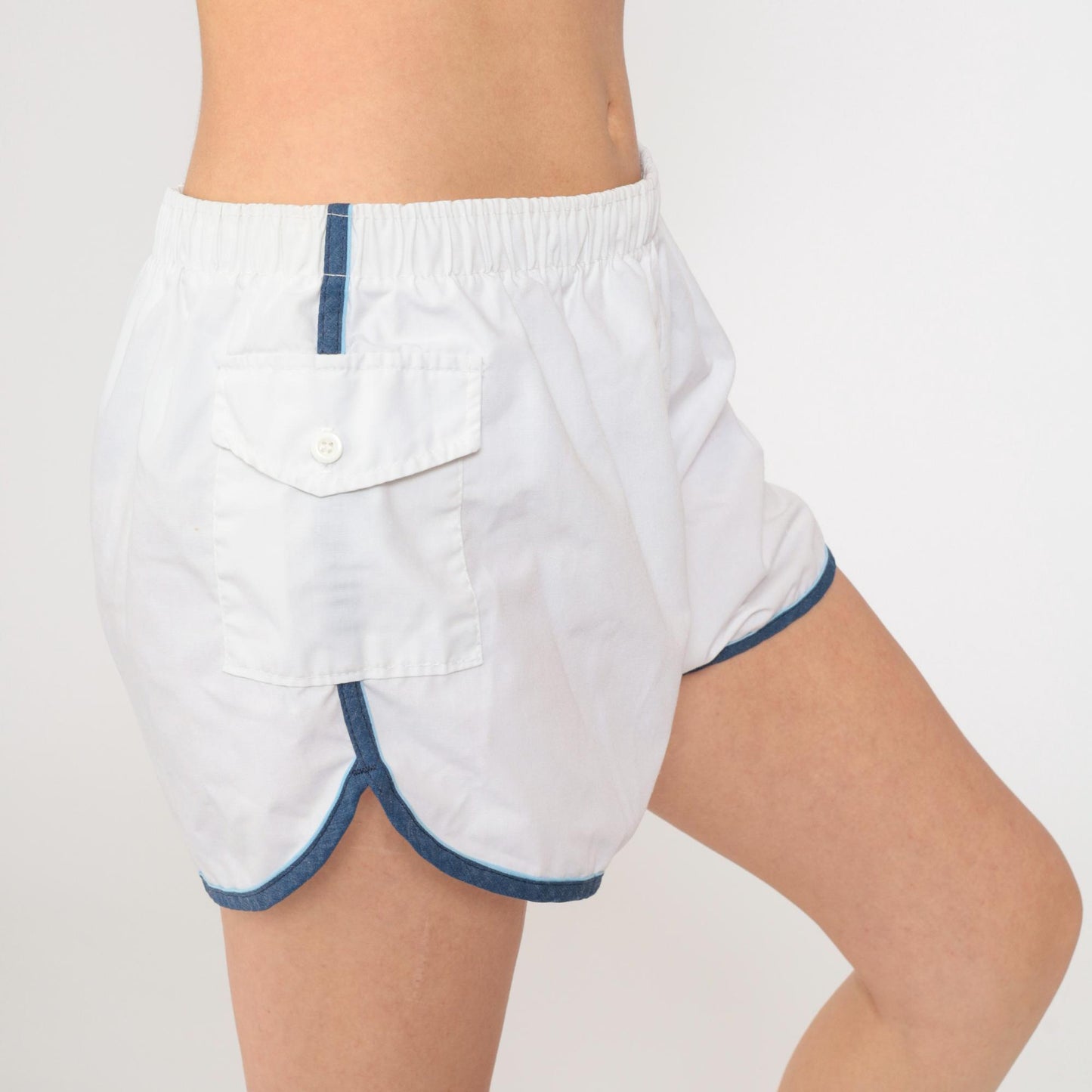80s Kings Road Swim Shorts White Ringer Trim High Waist Elastic Waist Large