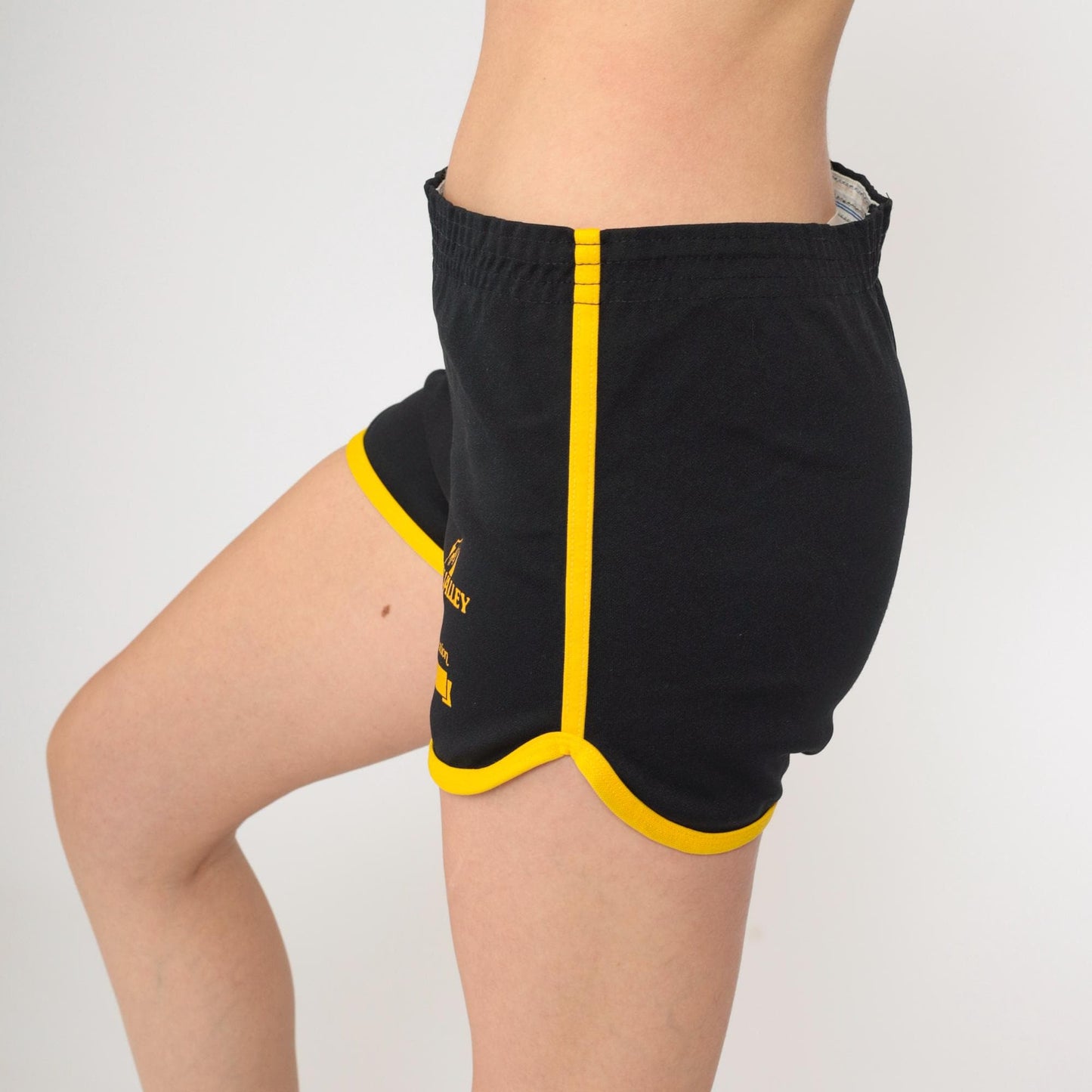 80s Champion Golden Valley PE Black Shorts Yellow Ringer Trim Small S