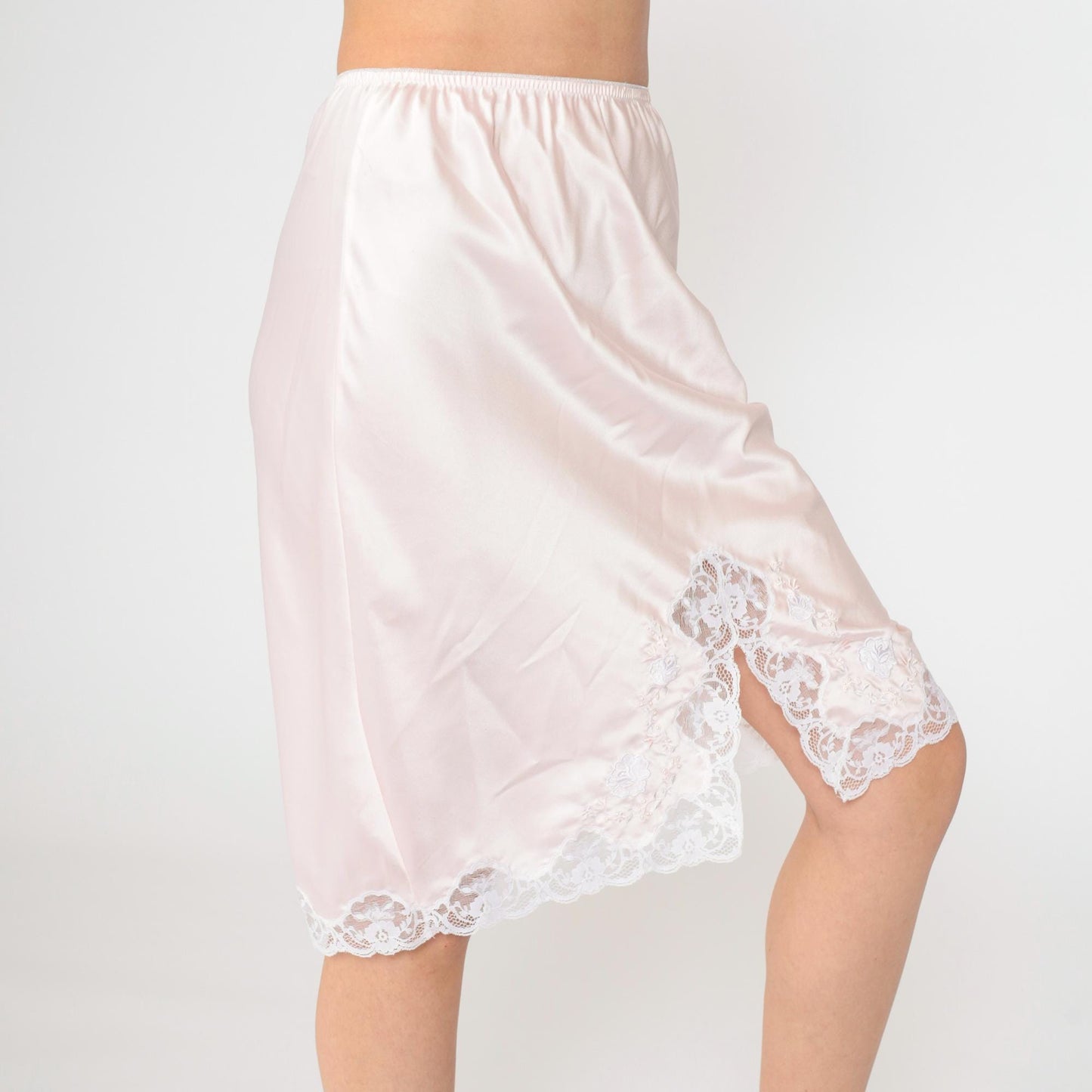 80s Pink Slip Skirt Lace Floral Embroidered Elastic Waist Small