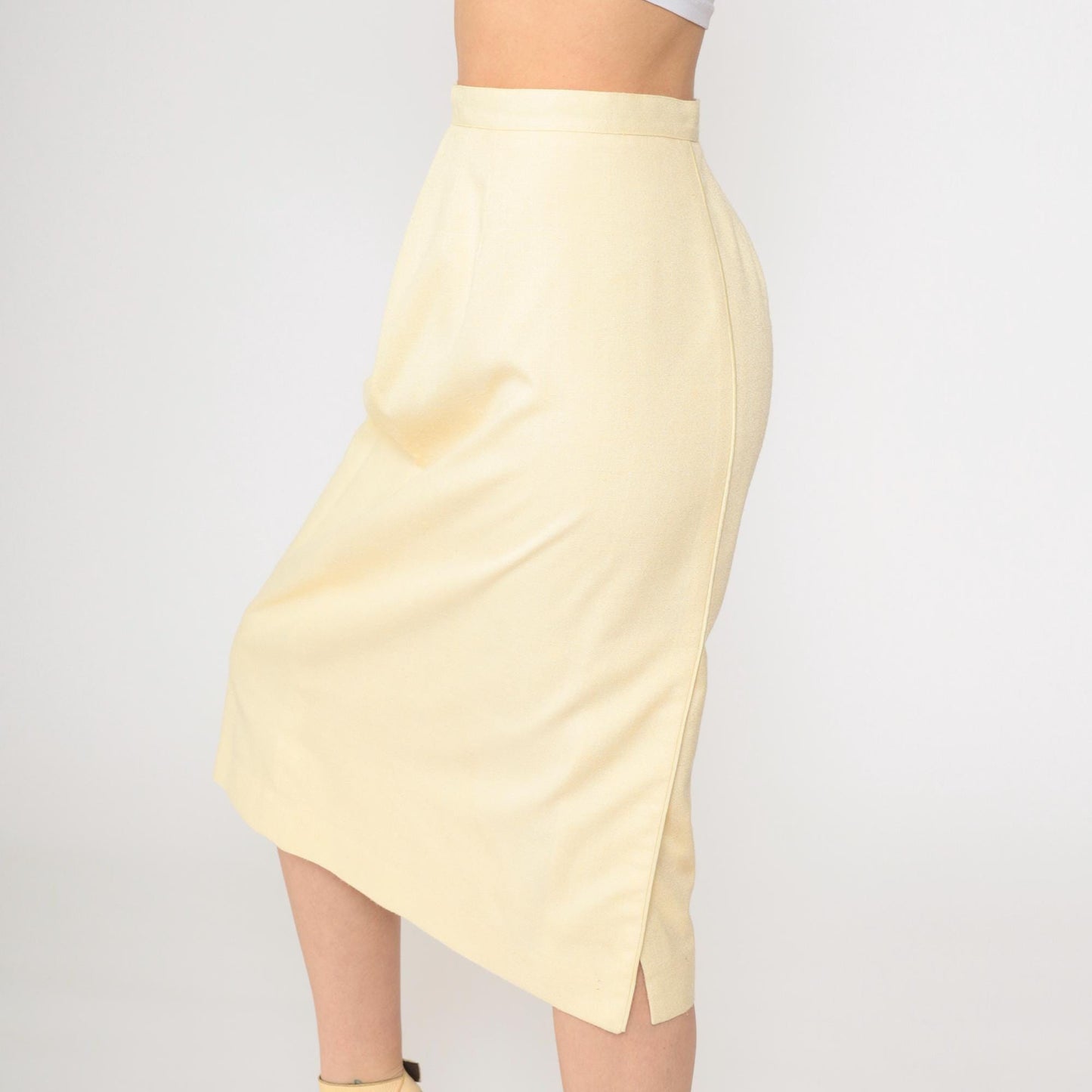 90s Light Yellow Midi Pencil Skirt High Waist Extra Small