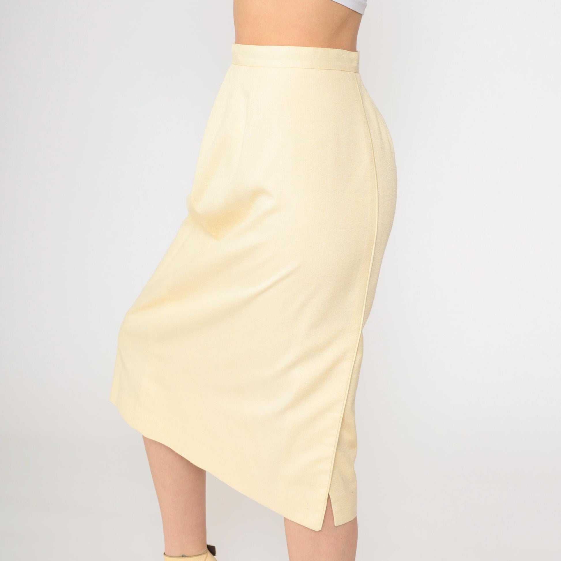 90s Light Yellow Midi Pencil Skirt High Waist Extra Small