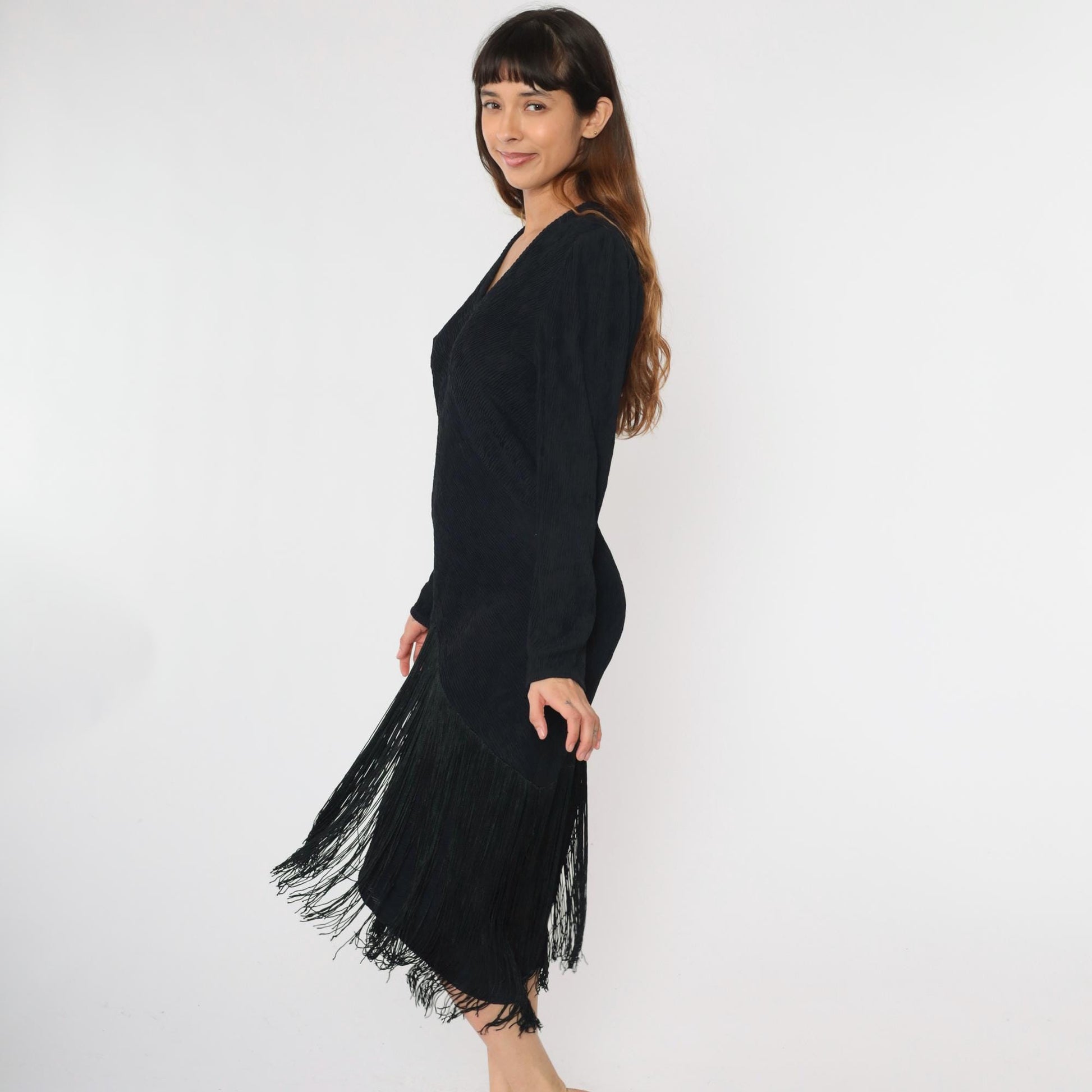 80s Black Fringe Midi Dress V-Neck Long Sleeve Ribbed Sheath Large L