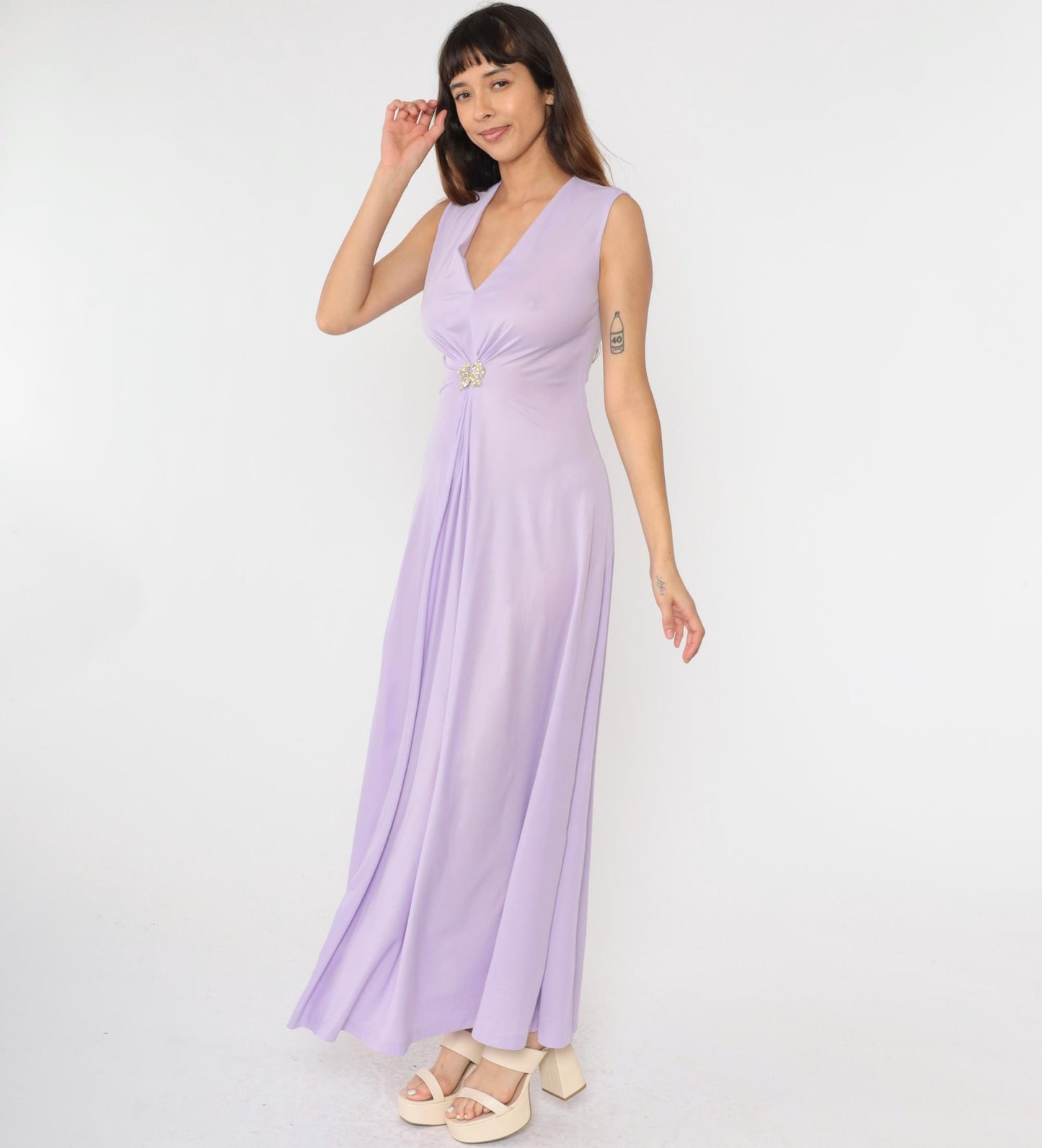 70s Lavender Maxi Dress Rhinestone Butterfly Deep V Sleeveless Small