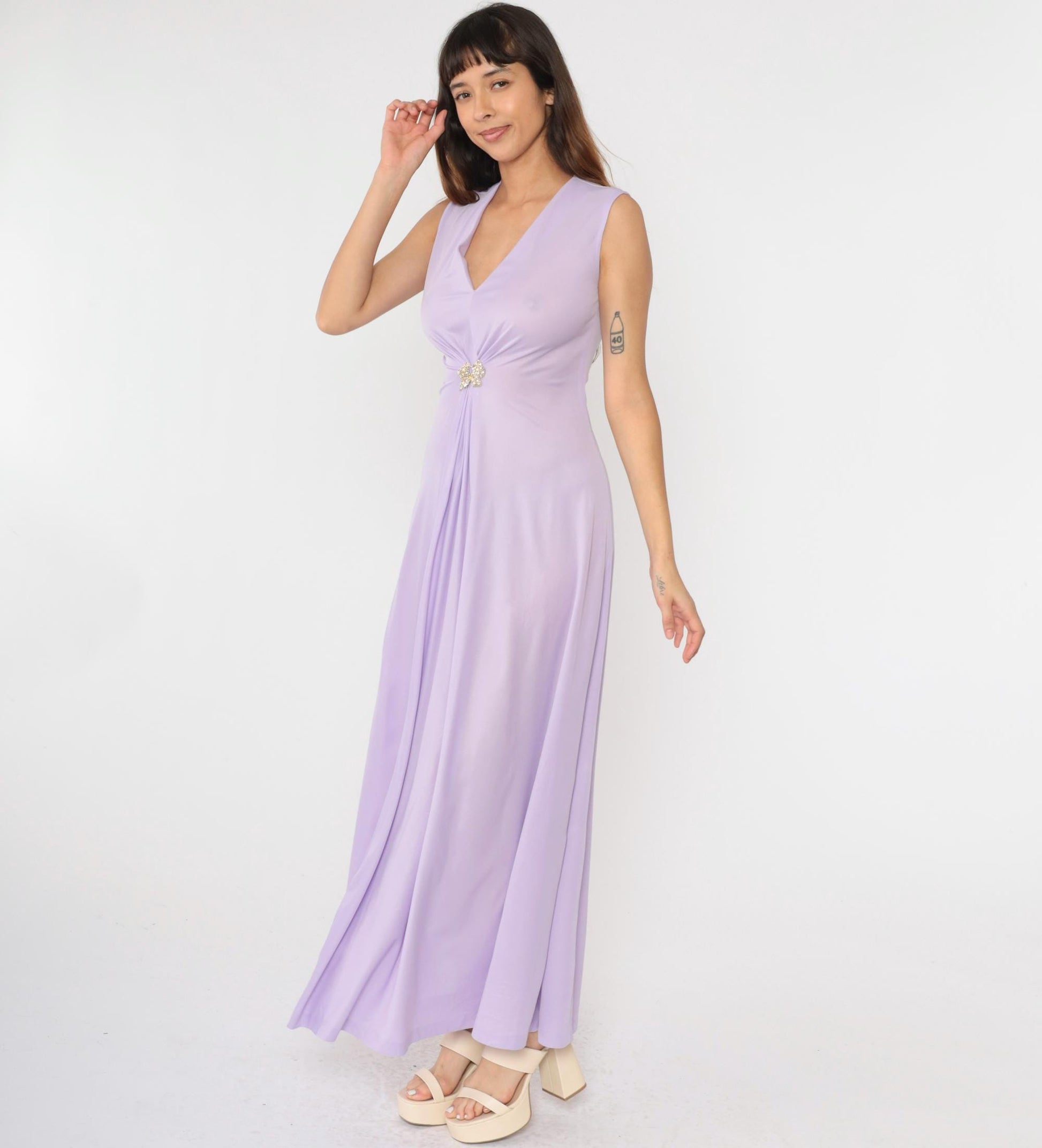 70s Lavender Maxi Dress Rhinestone Butterfly Deep V Sleeveless Small