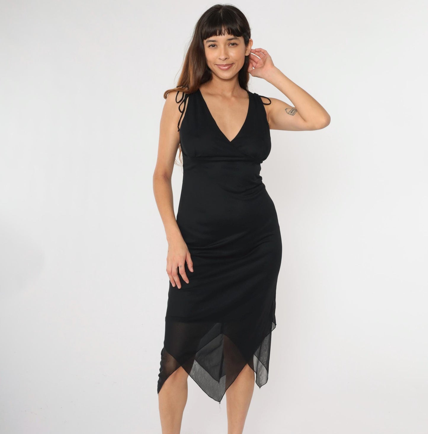 90s Black Chiffon Cocktail Dress V-Neck Hanky Hem Sleeveless Midi Medium