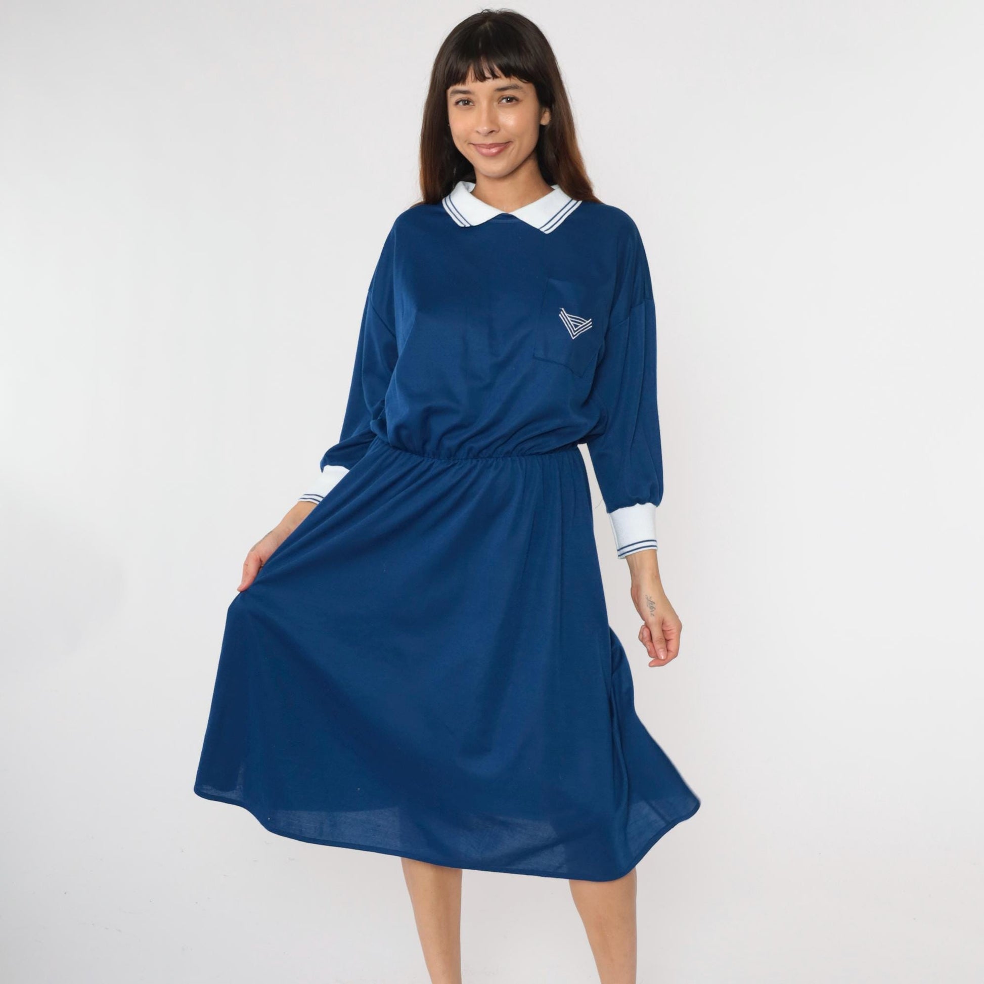 80s Nautical Midi Dress Chevron Crest Collar Long Sleeve Dark Blue Large