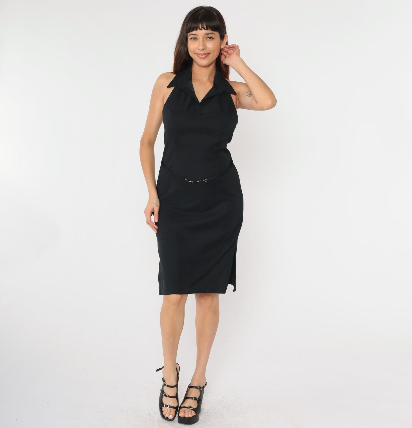 90s Black Halter Sheath Dress Open Back Midi Rampage Size 9