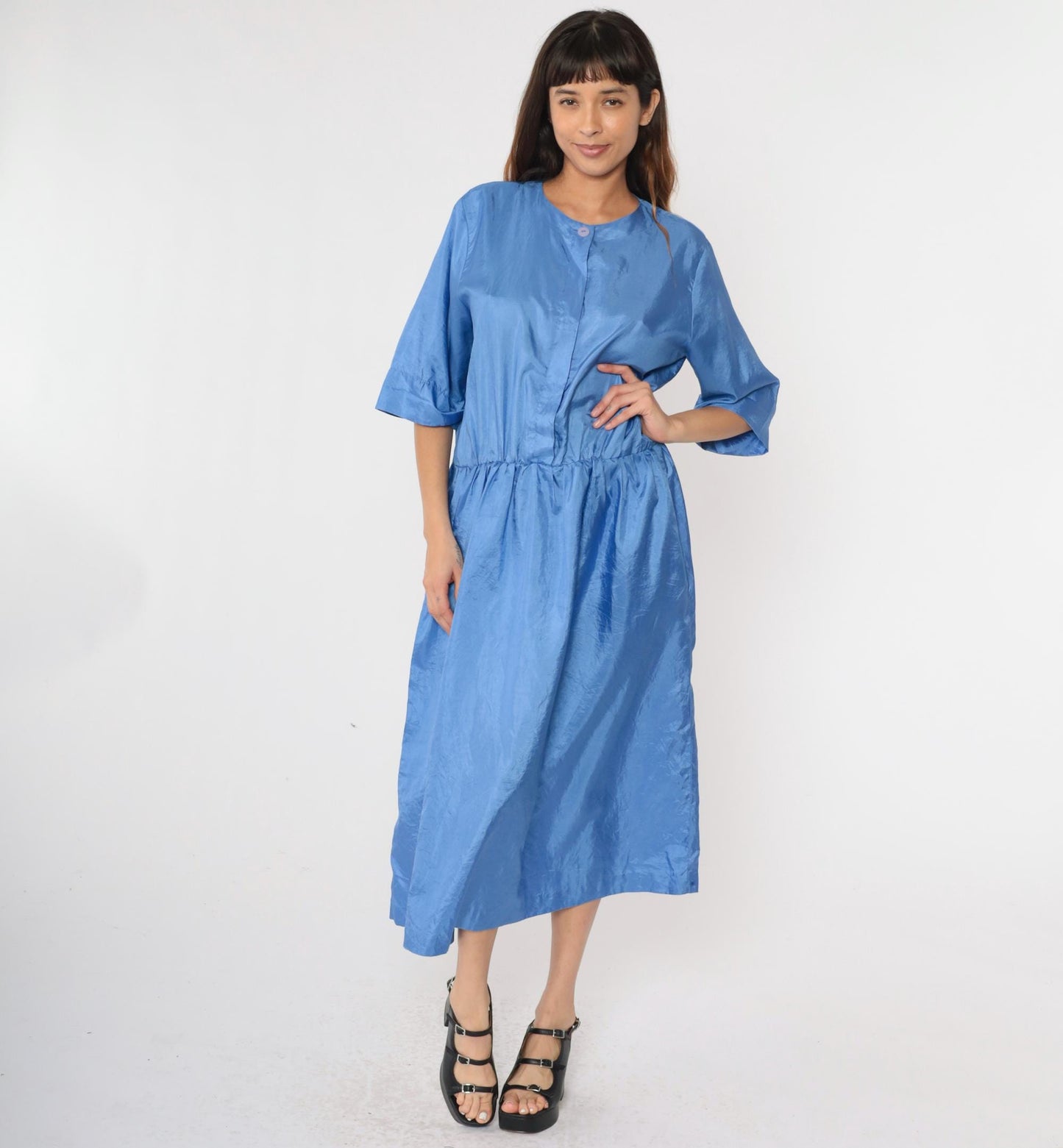 80s Ms Chaus Blue Shiny Midi Shirtdress High Waisted Button Up Medium Large