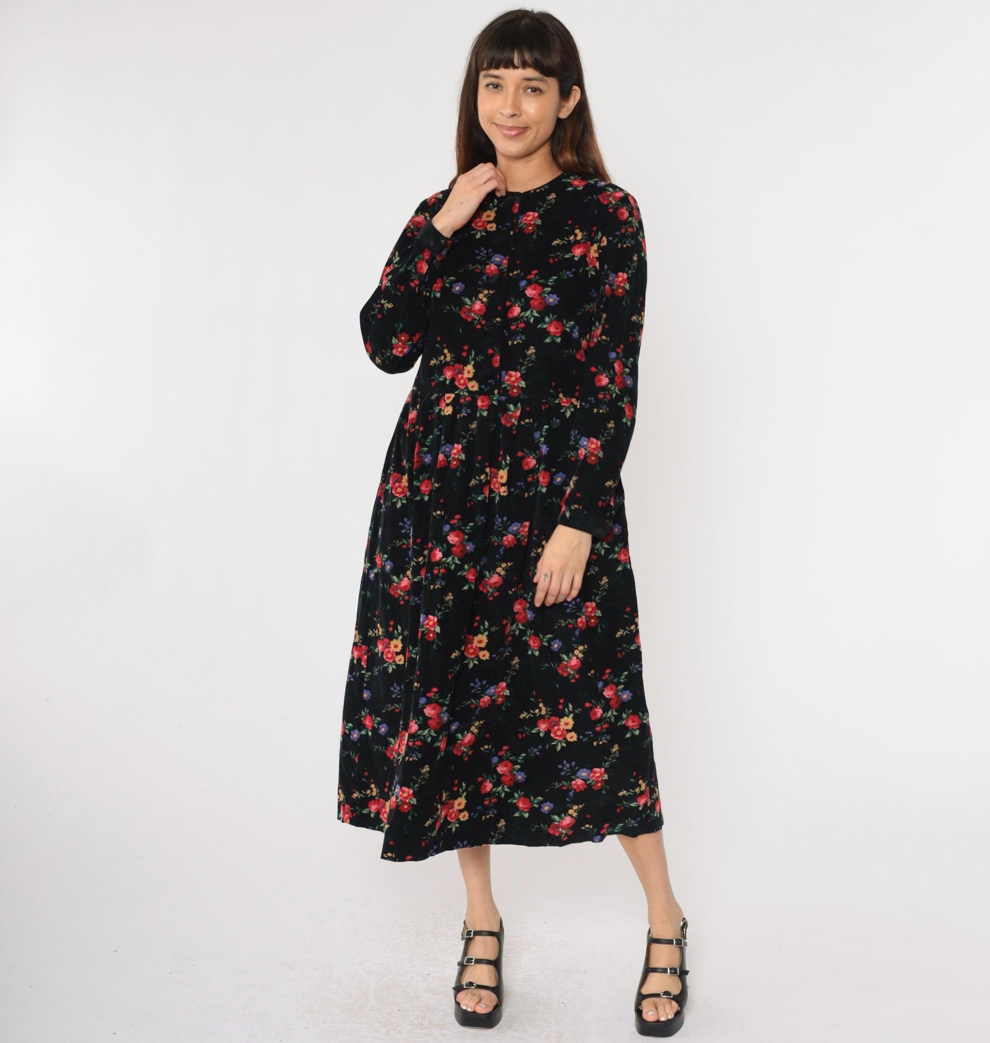 90s Talbots Floral Corduroy Midi Dress Black Button-Up High Waist Medium