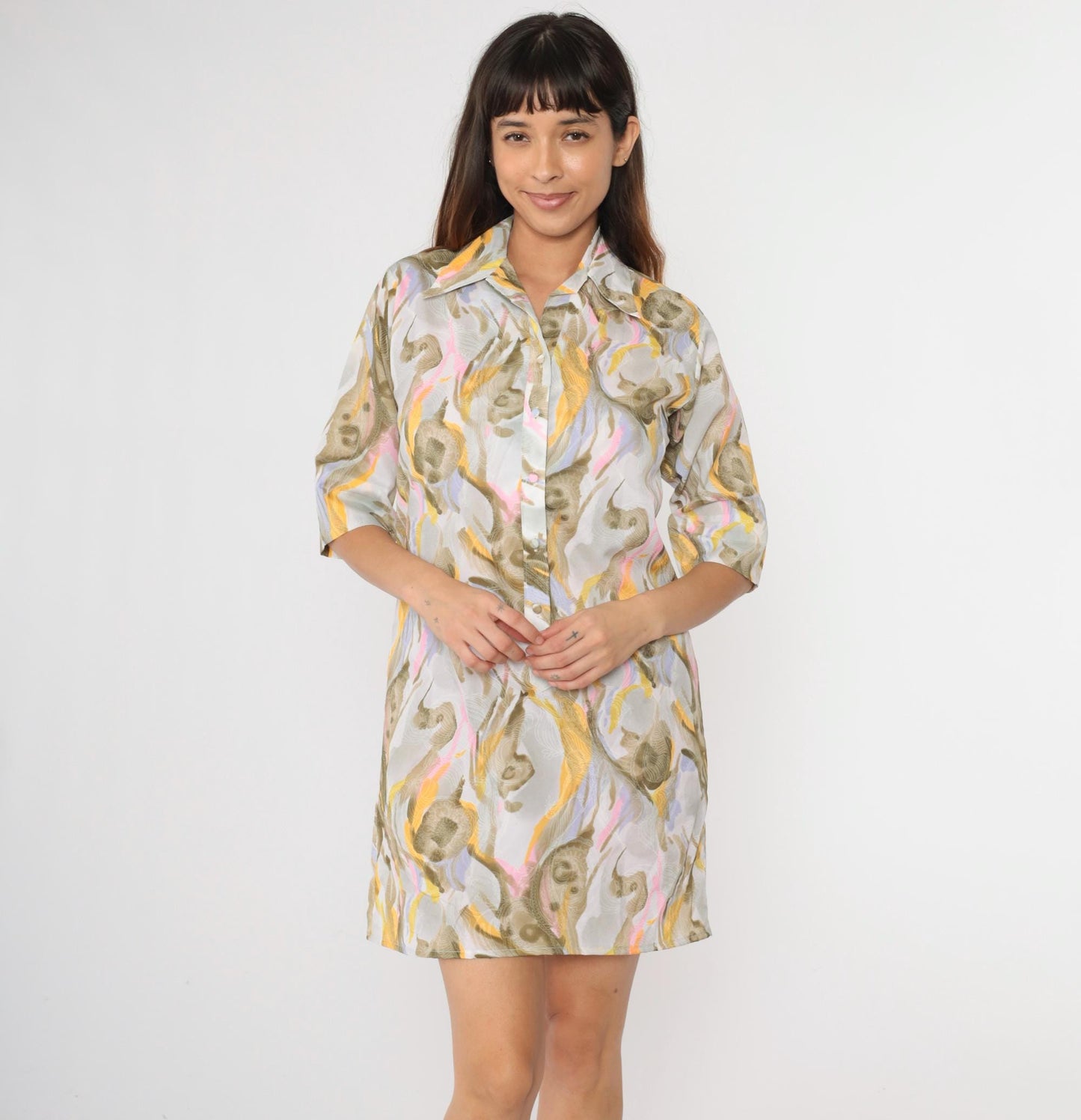 70s Lady Bayard Paisley Watercolor Mini Shirtdress Half Sleeve Grey Pink Yellow Medium