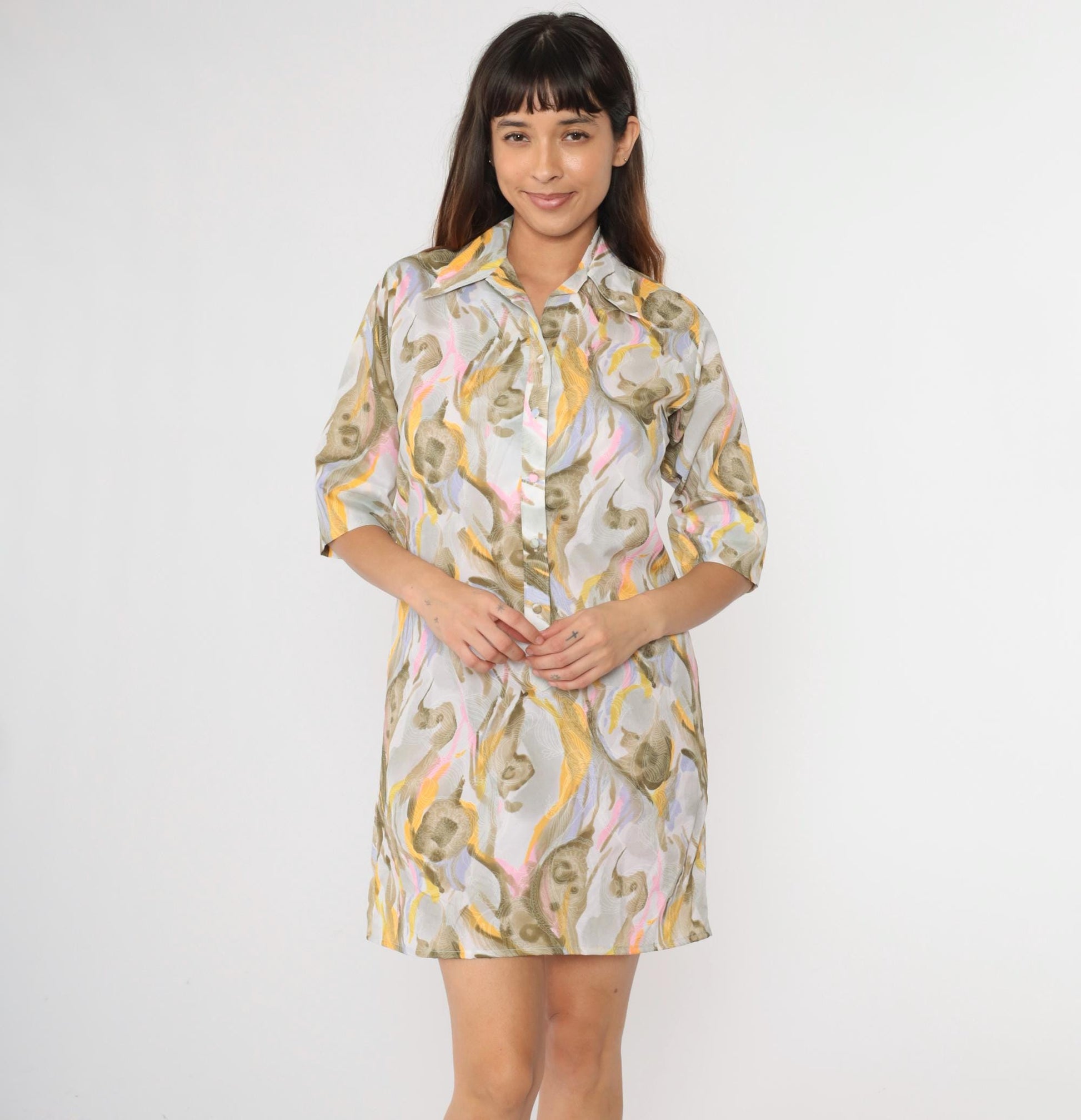 70s Lady Bayard Paisley Watercolor Mini Shirtdress Half Sleeve Grey Pink Yellow Medium