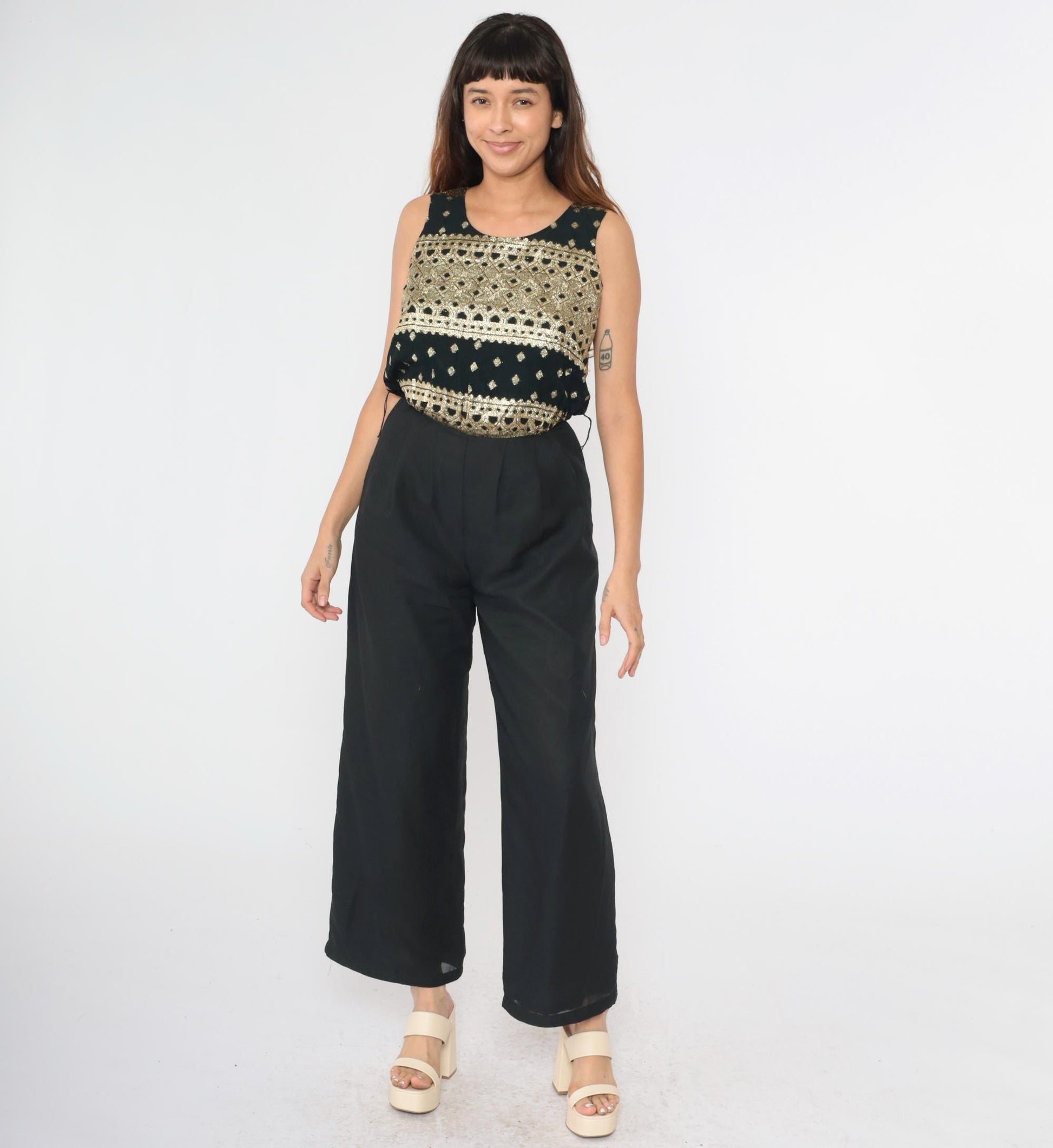 90s Althuser Black Chiffon Jumpsuit Gold Metallic Embroidery Wide Leg Small