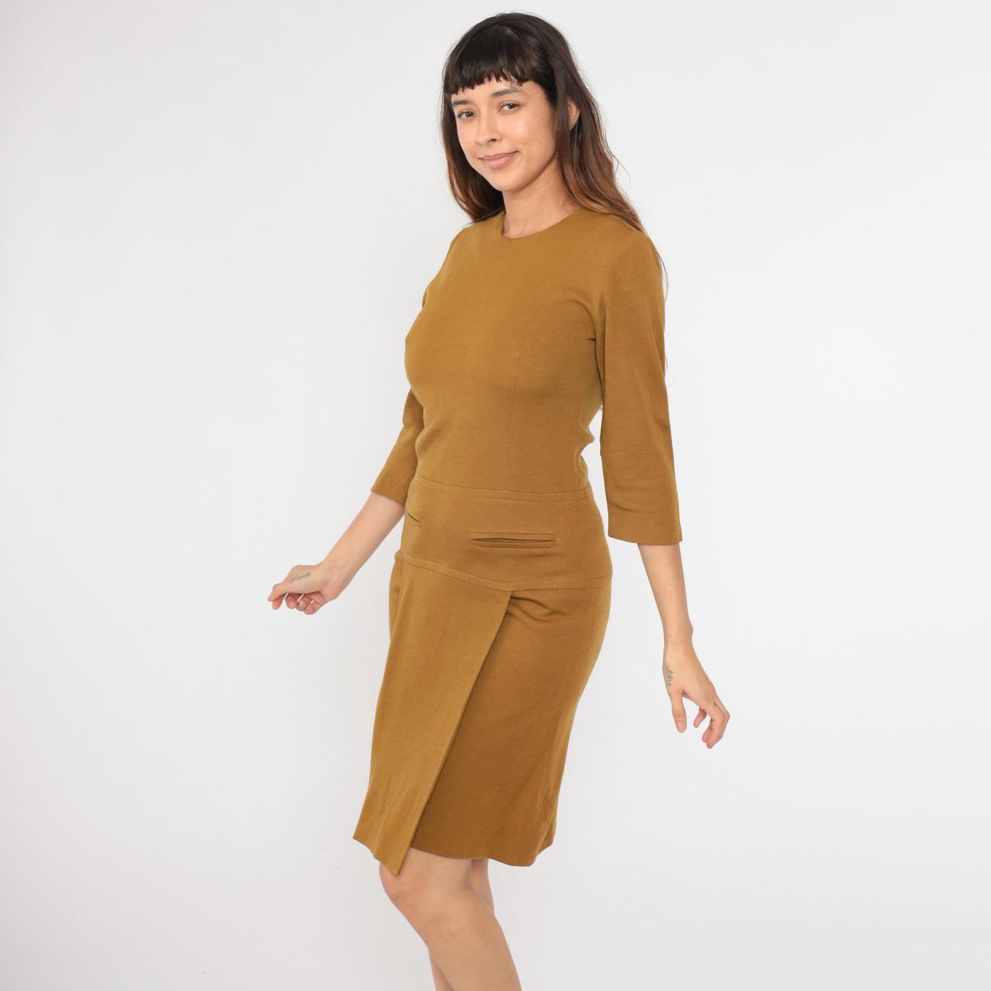 1960s Mod Scooter Dress Mustard Brown Wool Blend Drop Waist Pleated Small