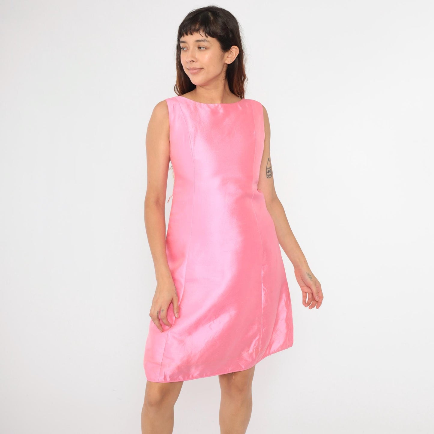 60s Gino Charles Pink Shantung Mini Dress Boat Neck Shift Small